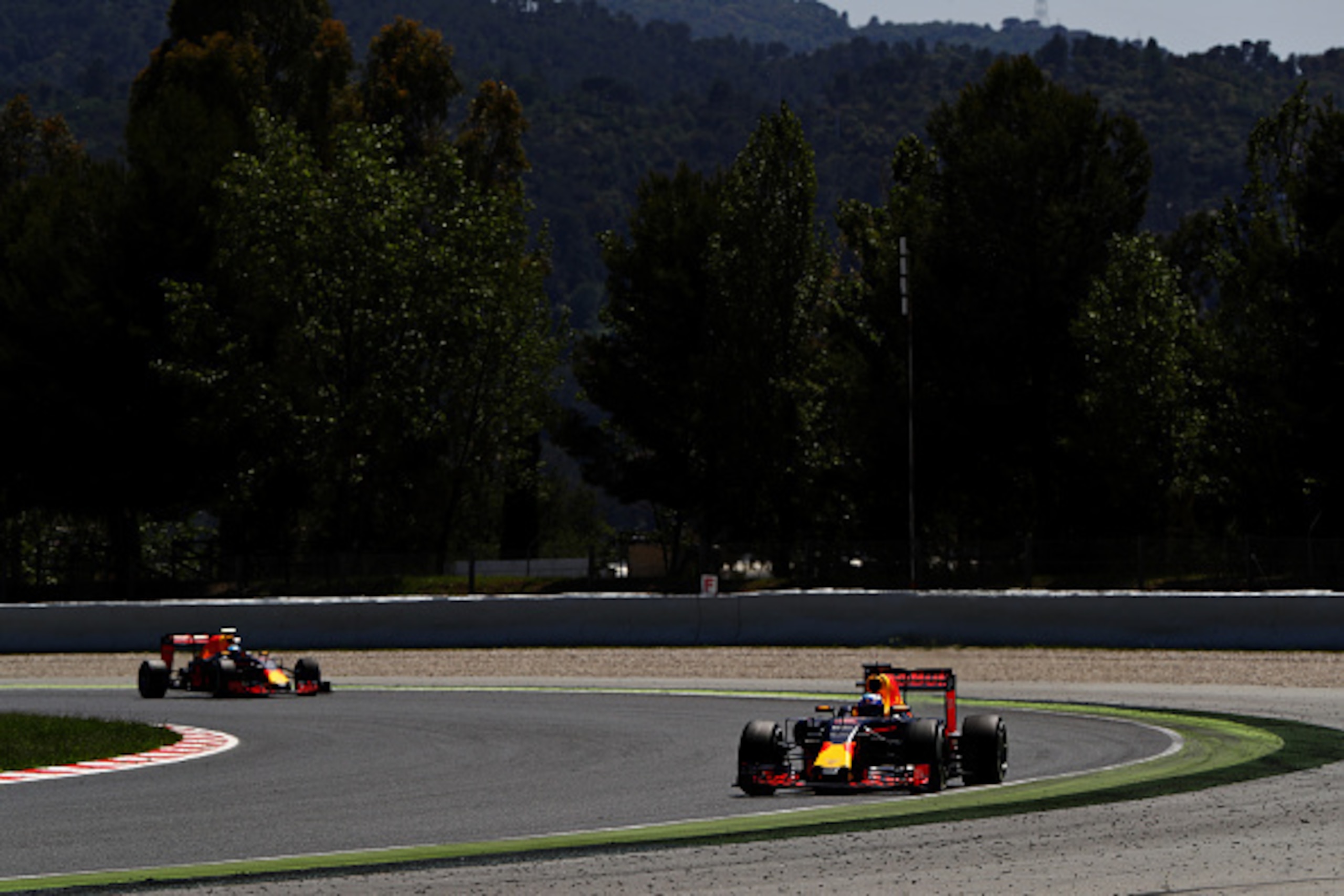 MONTMELO, SPAIN - MAY 15: Daniel Ricciardo of Australia driving the (3) Red Bull Racing Red Bull-TAG Heuer RB12 TAG Heuer leads Max Verstappen of the Netherlands driving the (33) Red Bull Racing Red Bull-TAG Heuer RB12 TAG Heuer on track during the Spanis