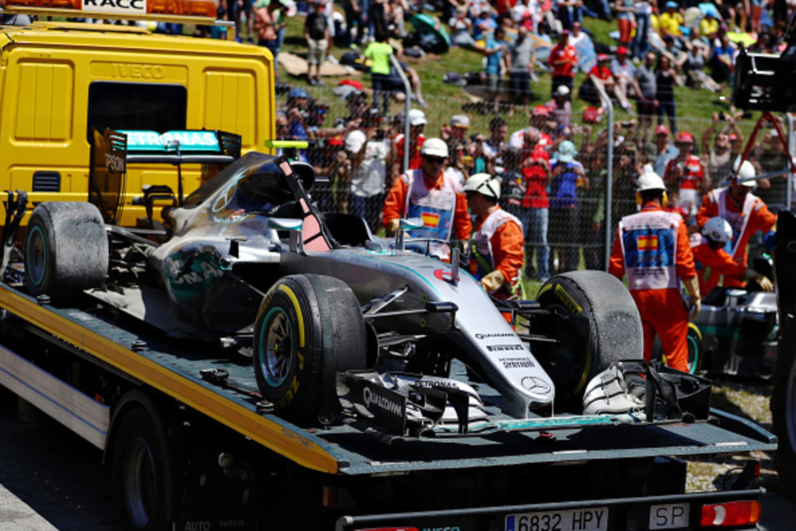 MONTMELO, SPAIN - MAY 15: The car of Nico Rosberg of Germany and Mercedes GP on a truck after he crashed on the first lap during the Spanish Formula One Grand Prix at Circuit de Catalunya on May 15, 2016 in Montmelo, Spain.  (Photo by Clive Mason/Getty Im