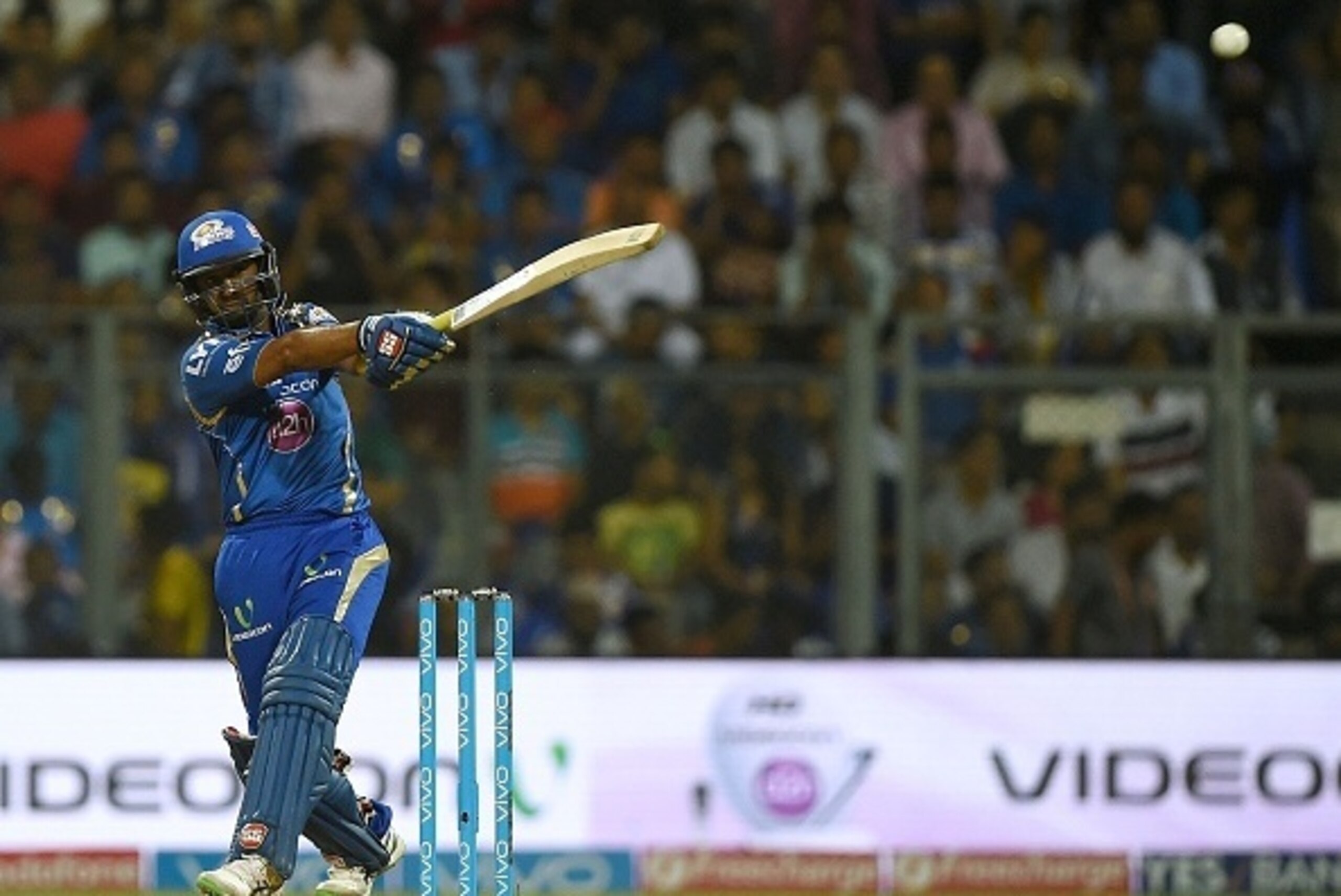 Mumbai Indians' batsman Ambati Rayudu plays a shot during the 2016 Indian Premier League (IPL) Twenty20 cricket match between Mumbai Indians and Kolkata Knight Riders at The Wankhede Cricket Stadium in Mumbai on April 28, 2016.ï¿½ï¿½ï¿½ï¿½ / AFP / PUNIT PARANJPE 