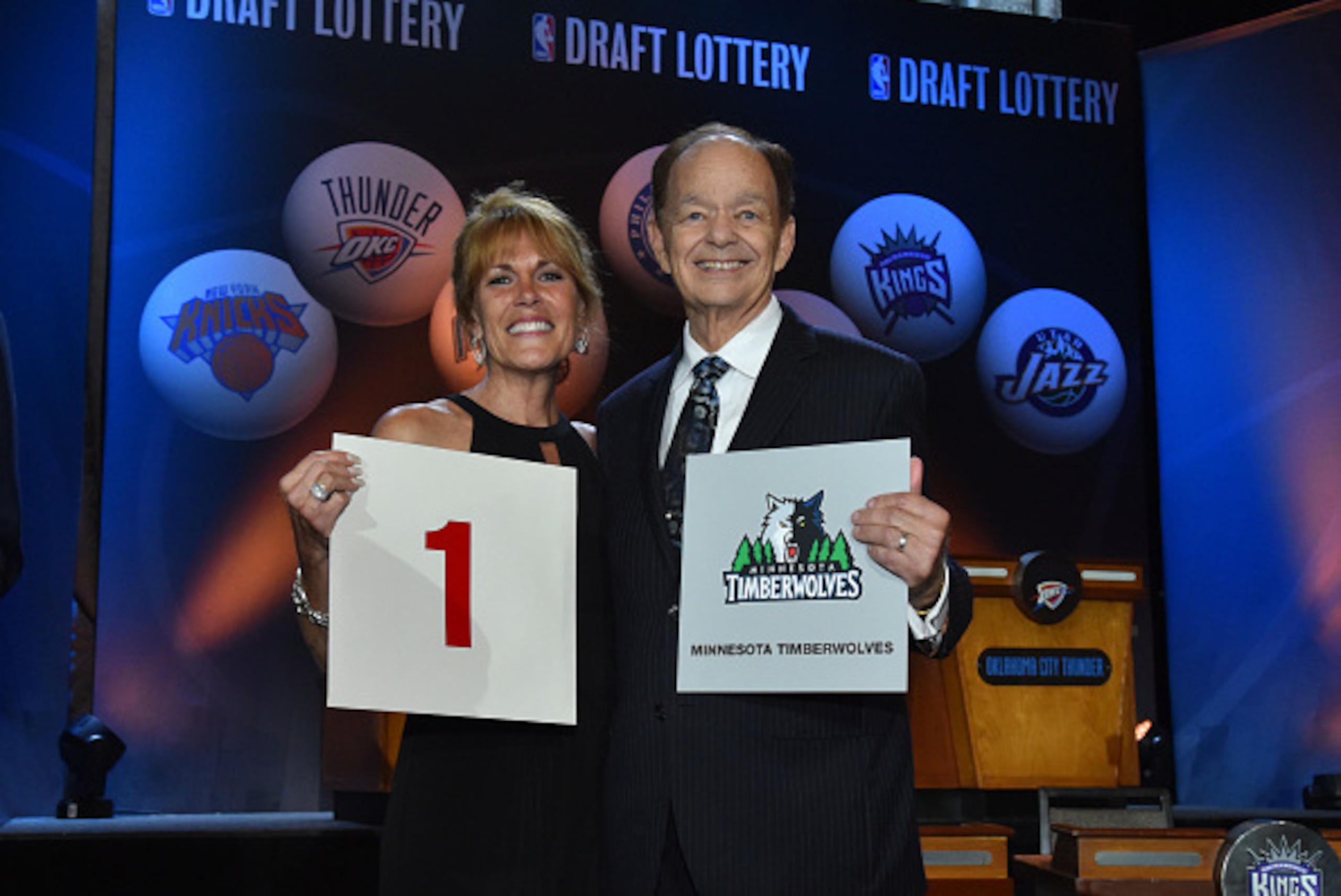 NEW YORK - MAY 19: Owner Glen Taylor and his wife Becky of the Minnesota Timberwolves poses for a photo with the draft card after winning the 2015 NBA Draft Lottery on May 19, 2015 at the New York Hilton Midtown in New York City.  NOTE TO USER: User expre