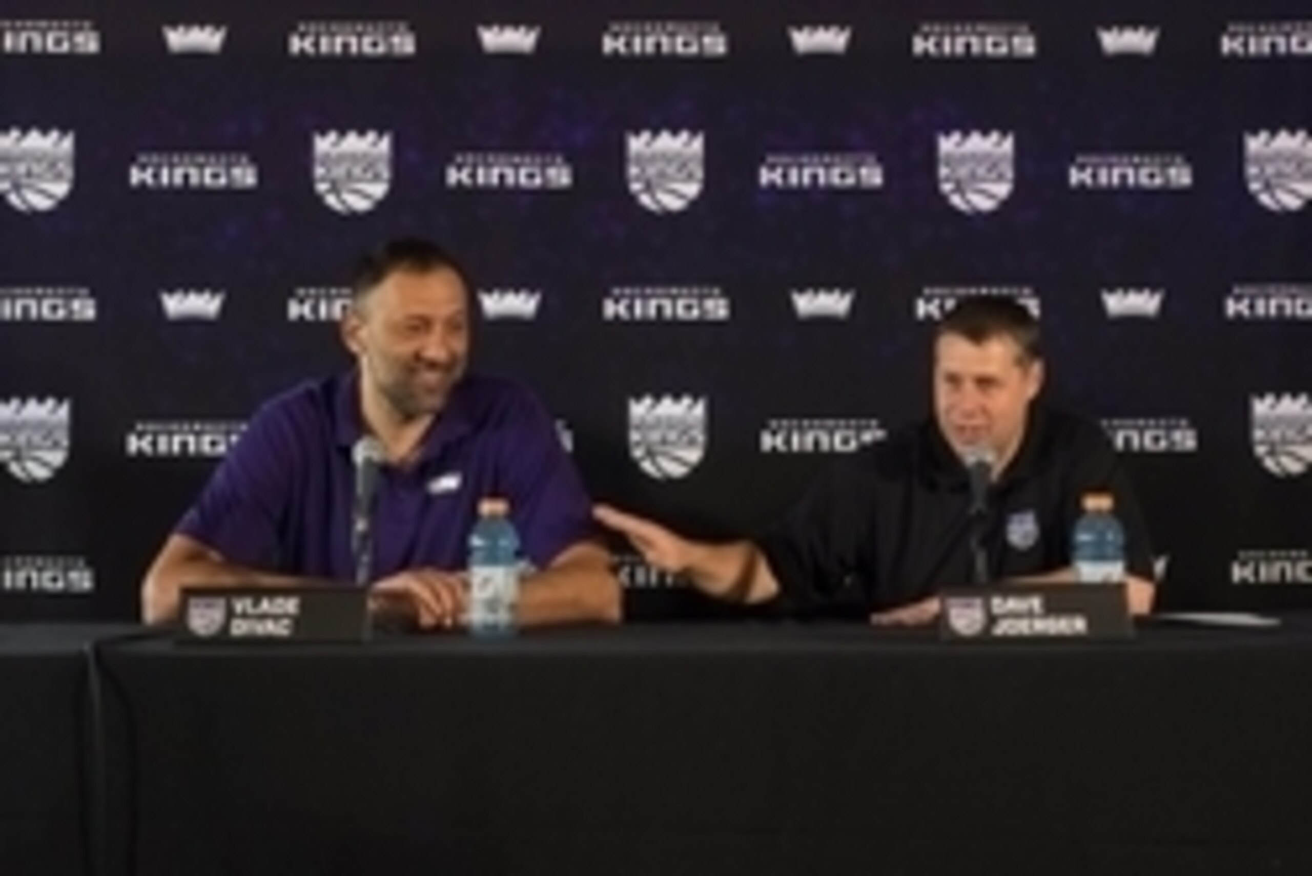 May 10, 2016; Sacramento, CA, USA; Sacramento Kings head coach Dave Joerger speaks with vice president of basketball operations and general manager Vlade Divac during a press conference at the Sacramento Kings XC (Experience Center). Mandatory Credit: Kel