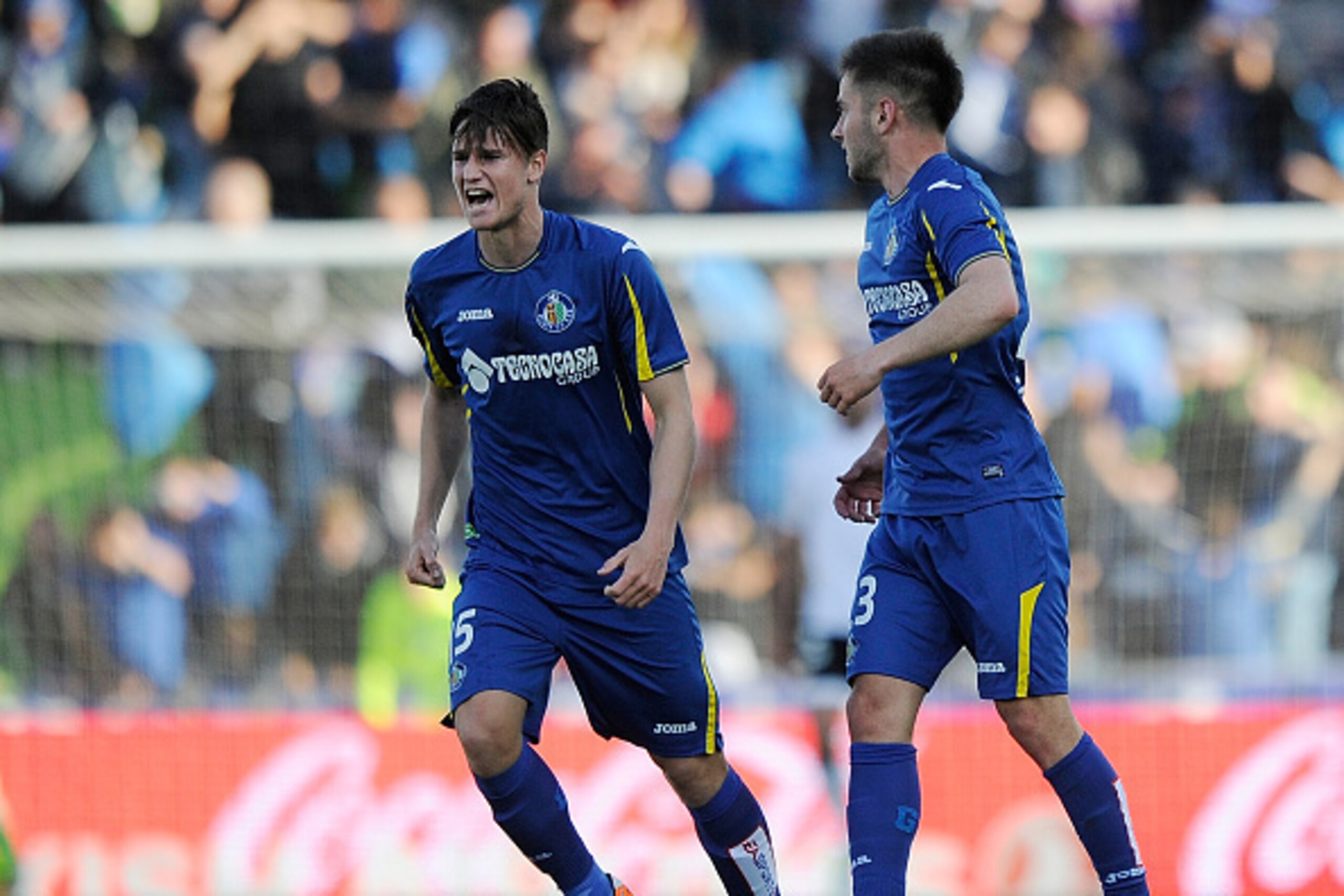 GETAFE, SPAIN - APRIL 24:  Miguel Angel and Alvaro Medran of Getafe celebrate after their team scored their 2nd goal during the La Liga match between Getafe CF and Valencia CF at Coliseum Alfonso Perez on April 24, 2016 in Getafe, Spain.  (Photo by Denis 