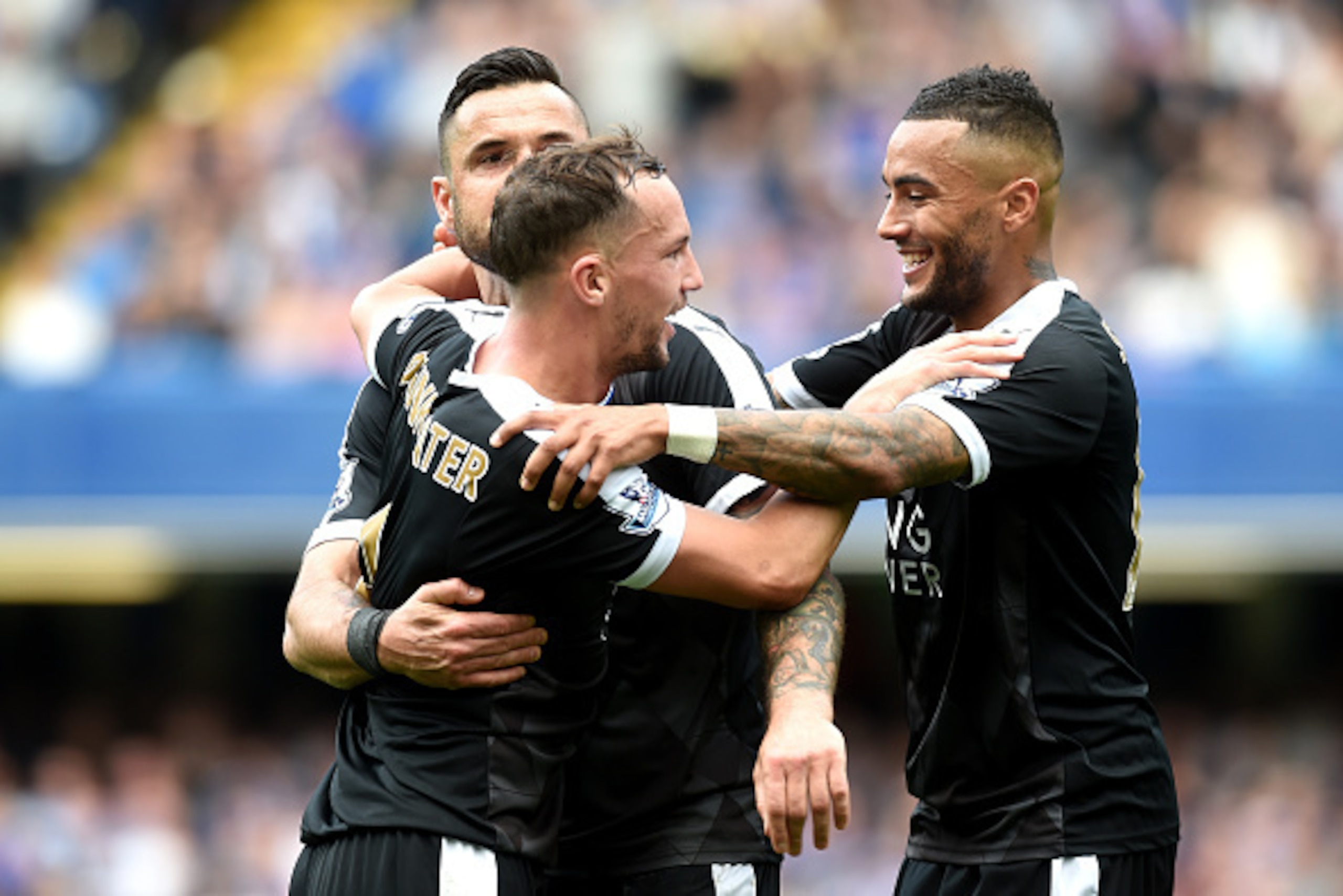 LONDON, ENGLAND - MAY 15: Danny Drinkwater of Leicester City celebrates scoring his team's opening goal with Danny Simpson during the Barclays Premier League match between Chelsea and Leicester City at Stamford Bridge on May 15, 2016 in London, England. LONDON, ENGLAND - MAY 15: Danny Drinkwater of Leicester City celebrates scoring his team's opening goal with Danny Simpson during the Barclays Premier League match between Chelsea and Leicester City at Stamford Bridge on May 15, 2016 in London, England.
