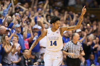 Jan 9, 2016; Durham, NC, USA; Duke Blue Devils guard Brandon Ingram (14) reacts after hitting a three point shot in their game against the Virginia Tech Hokies at Cameron Indoor Stadium. Mandatory Credit: Mark Dolejs-USA TODAY Sports