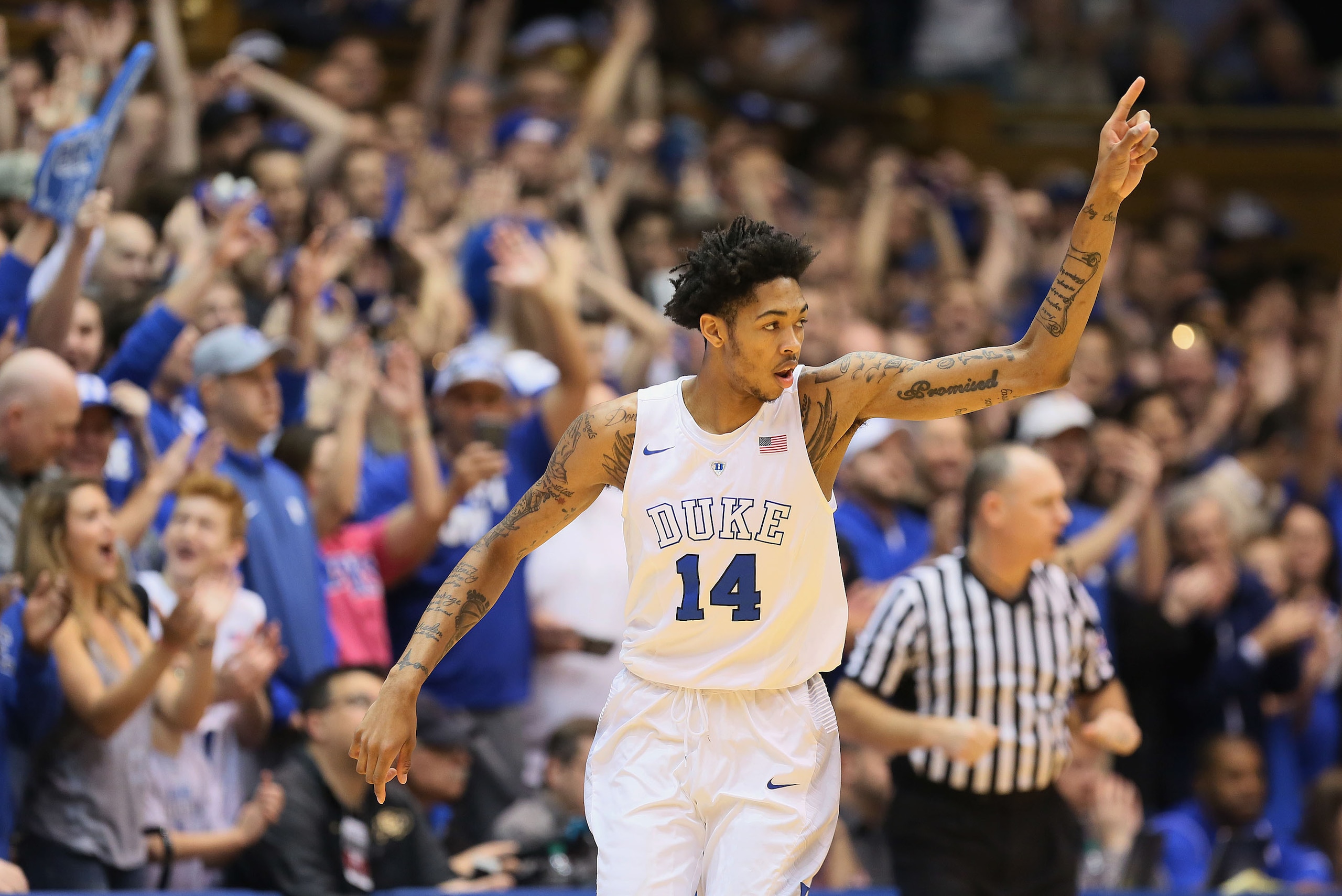 Jan 9, 2016; Durham, NC, USA; Duke Blue Devils guard Brandon Ingram (14) reacts after hitting a three point shot in their game against the Virginia Tech Hokies at Cameron Indoor Stadium. Mandatory Credit: Mark Dolejs-USA TODAY Sports
