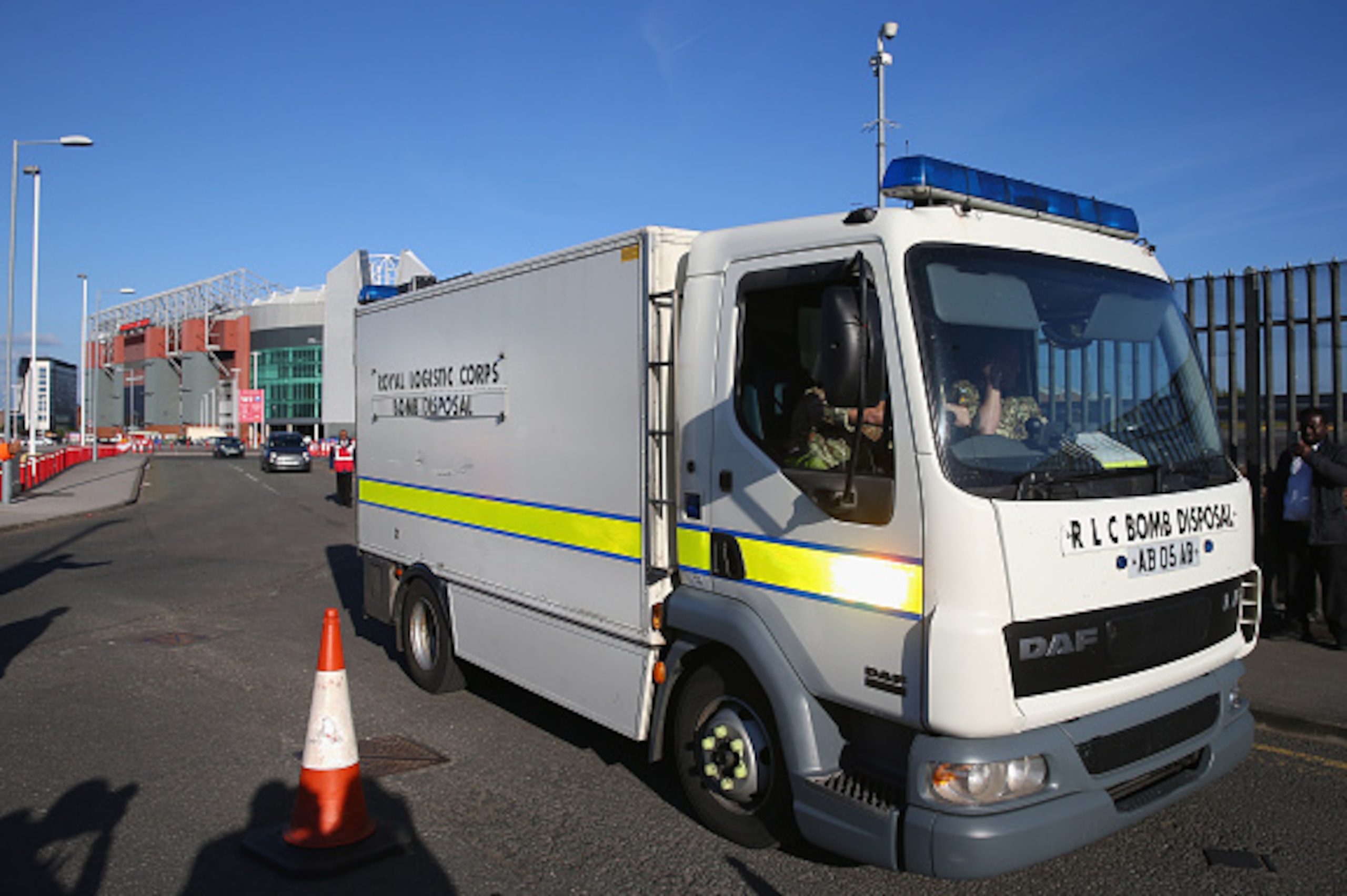 MANCHESTER, ENGLAND - MAY 15:  A bomb disposal unit is seen outside Old Trafford after the Barclays Premier League match between Manchester United and A.F.C. Bournemouth was posponed due to a bomb scrae on May 15, 2016 in Manchester, England.  (Photo by A