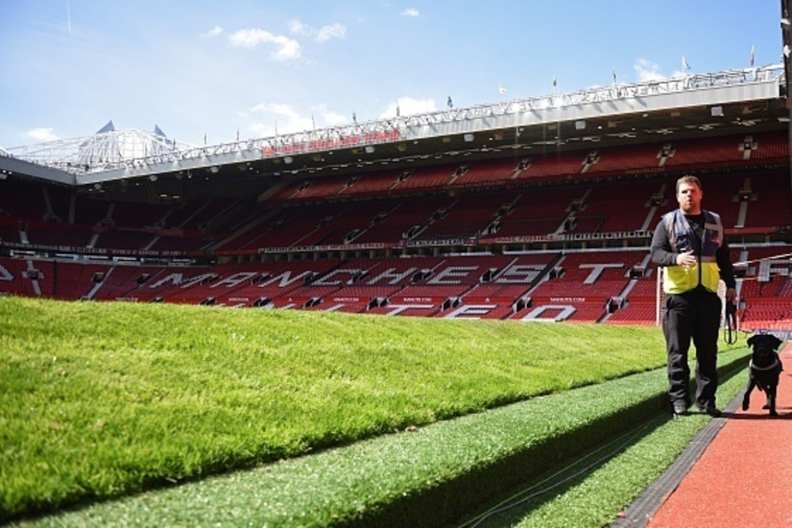 A sniffer dog works on the side of the pitch following the evacuation of Old Trafford stadium in Manchester, north west England, on May 15, 2016, after the English Premier League football match between Manchester United and Bournemouth was abandoned.
Poli