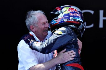 MONTMELO, SPAIN - MAY 15:  Max Verstappen of Netherlands and Red Bull Racing is congratulated on his first F1 win by Red Bull Racing Team Consultant Dr Helmut Marko in parc ferme during the Spanish Formula One Grand Prix at Circuit de Catalunya on May 15,