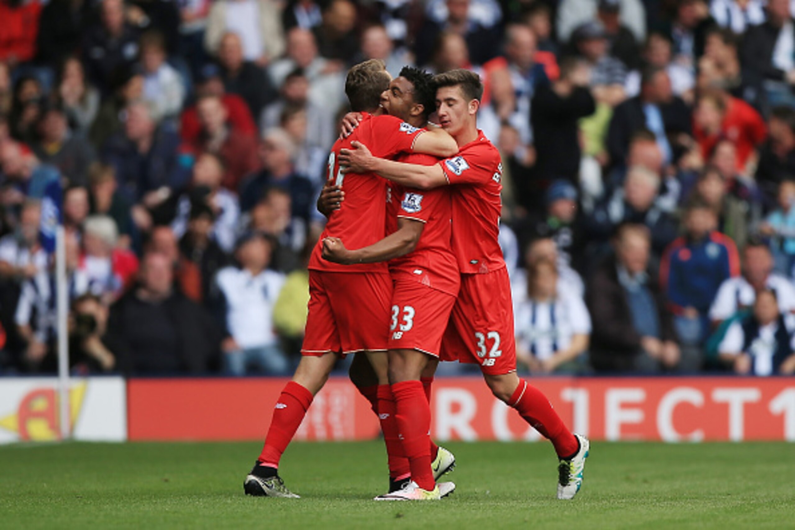 WEST BROMWICH, ENGLAND - MAY 15: Jordon Ibe (C) of Liverpool celebrates scoring his team's first goal with his team mates during the Barclays Premier League match between West Bromwich Albion and Liverpool at The Hawthorns on May 15, 2016 in West Bromwich