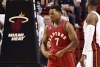 May 13, 2016; Miami, FL, USA; Toronto Raptors guard Kyle Lowry (7) reacts after being fouled during the third quarter in game six of the second round of the NBA Playoffs against the Miami Heat at American Airlines Arena. Mandatory Credit: Steve Mitchell-U