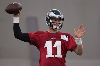 PHILADELPHIA, PA - MAY 13: Carson Wentz #11 of the Philadelphia Eagles participates in rookie camp at the NovaCare Complex on May 13, 2016 in Philadelphia, Pennsylvania. (Photo by Mitchell Leff/Getty Images)