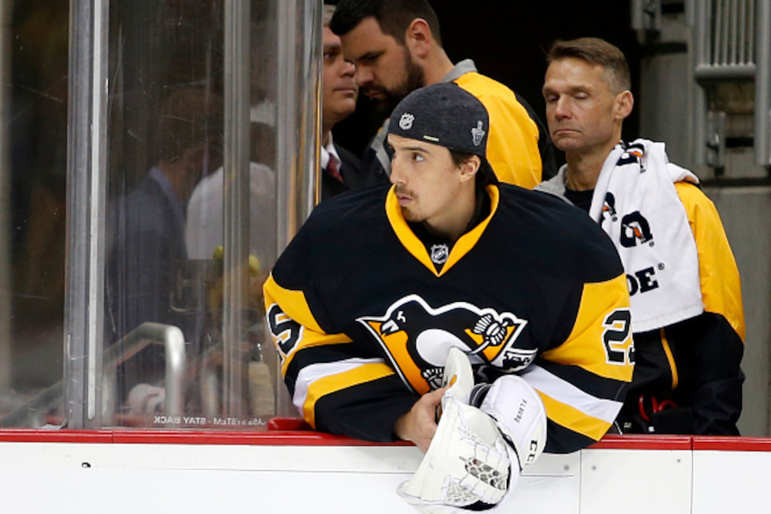 PITTSBURGH, PA - MAY 02:  Marc-Andre Fleury #29 of the Pittsburgh Penguins looks on from the bench in Game Three of the Eastern Conference Second Round against the Washington Capitals during the 2016 NHL Stanley Cup Playoffs at Consol Energy Center on May