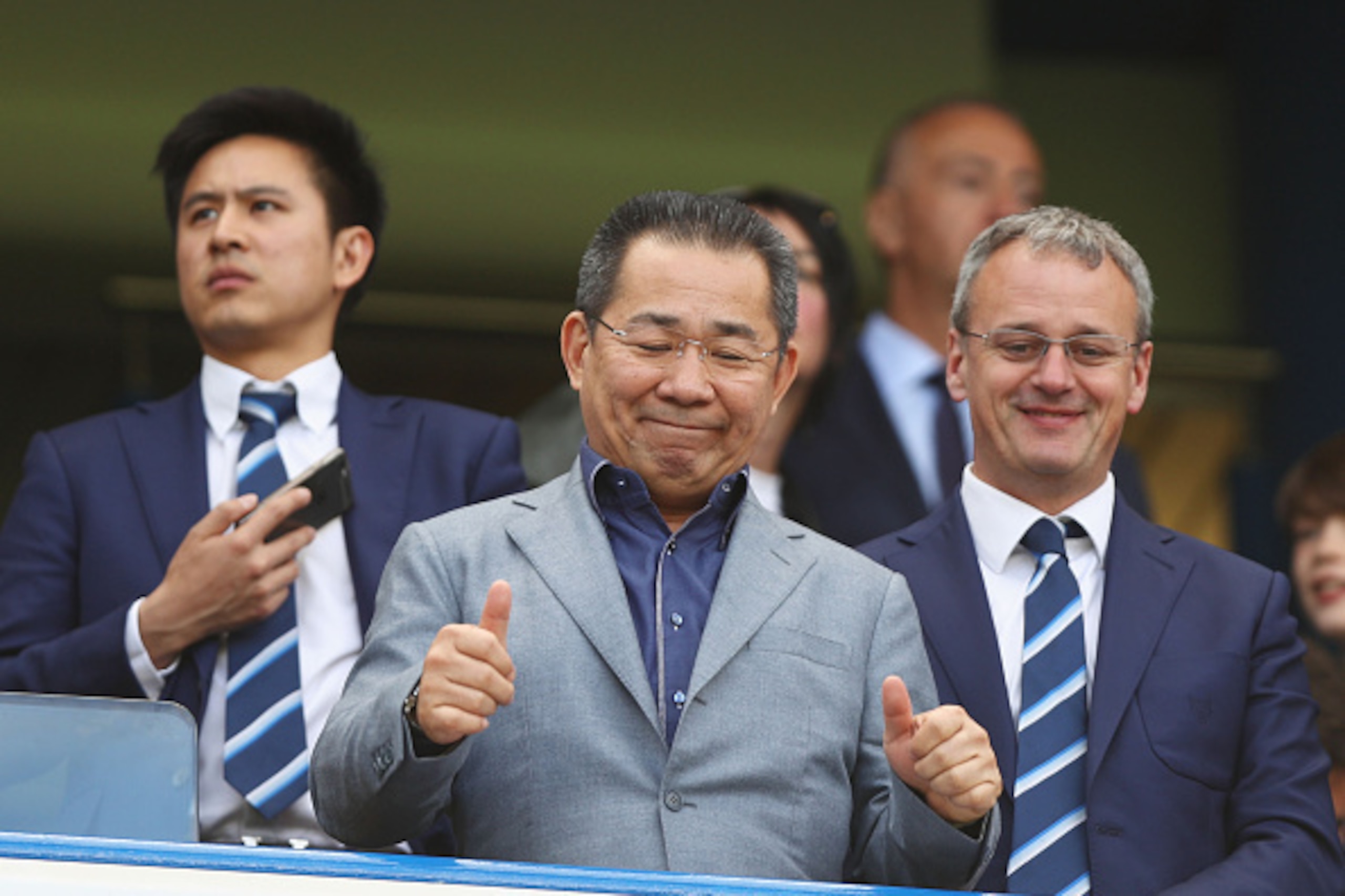 LONDON, ENGLAND - MAY 15:  Leicester City owner Vichai Srivaddhanaprabha thumbs up prior to the Barclays Premier League match between Chelsea and Leicester City at Stamford Bridge on May 15, 2016 in London, England.  (Photo by Paul Gilham/Getty Images)