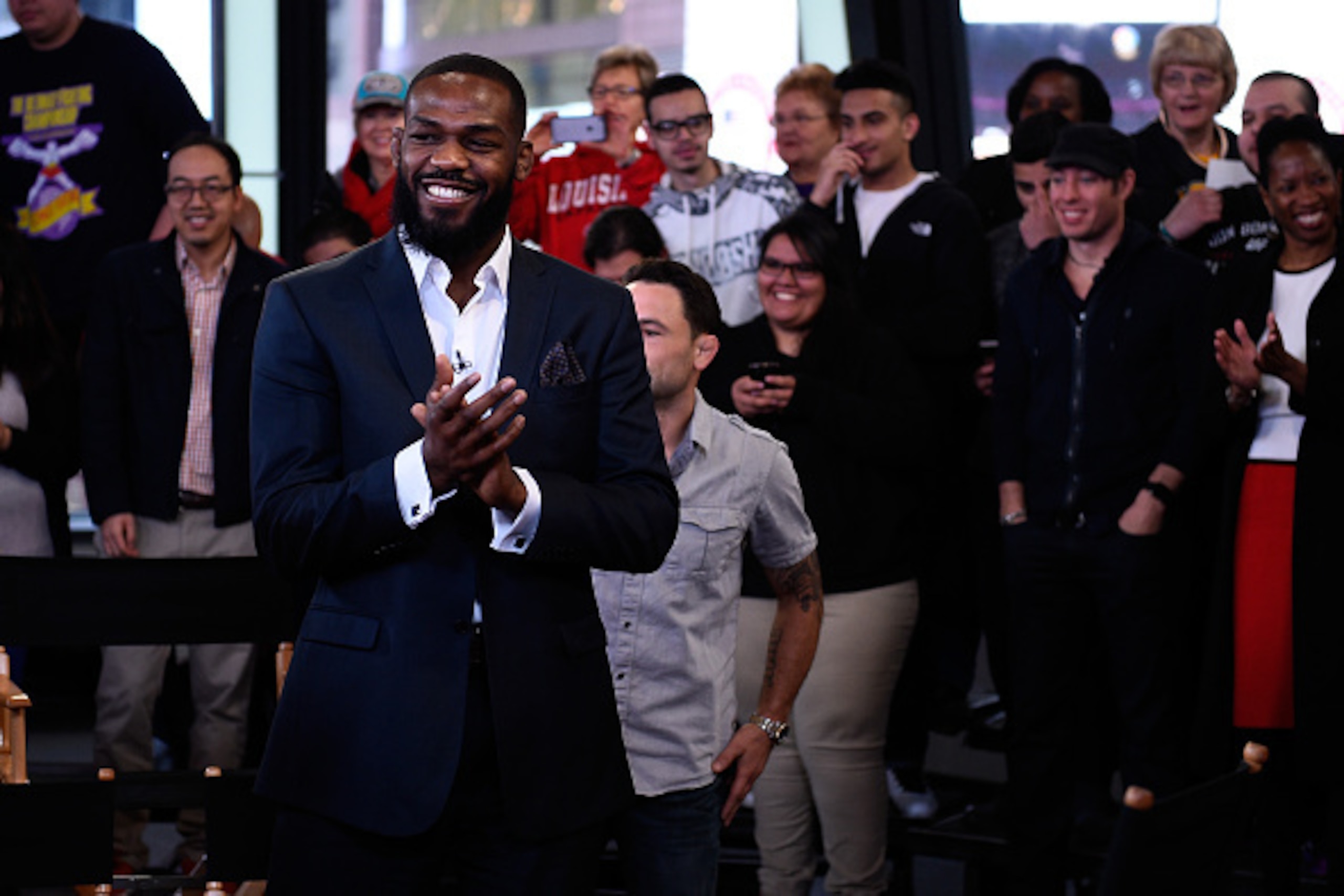 NEW YORK, NY - APRIL 27: UFC interim light heavyweight champion Jon Jones interacts with the crowd during the UFC 200 'Good Morning America' taping at the ABC Times Square Studios on April 27, 2016 in New York City. (Photo by Jeff Bottari/Zuffa LLC/Zuffa NEW YORK, NY - APRIL 27: UFC interim light heavyweight champion Jon Jones interacts with the crowd during the UFC 200 'Good Morning America' taping at the ABC Times Square Studios on April 27, 2016 in New York City. (Photo by Jeff Bottari/Zuffa LLC/Zuffa