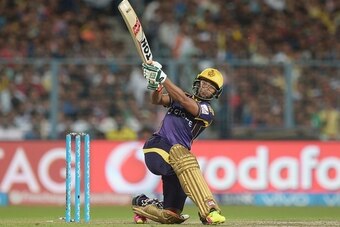 Kolkata Knight Riders Shakib Al Hasan plays a shot during the 2016 Indian Premier League (IPL) Twenty20 cricket match between Kolkata Knight Riders and Royal Challengers Bangalore at the Eden Gardens Cricket Stadium in Kolkata on May 16, 2016.  ----IMAGE 