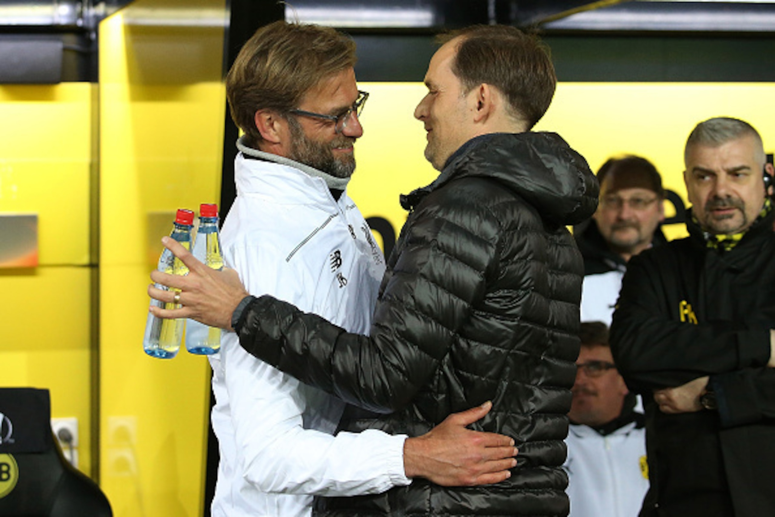 DORTMUND, GERMANY - APRIL 07: Coach of Liverpool Juergen Klopp greets Coach of Dortmund Thomas Tuchel during the UEFA Europa League quarter final first leg match between Borussia Dortmund and Liverpool FC at Signal Iduna Park aka Westfalenstadion on April