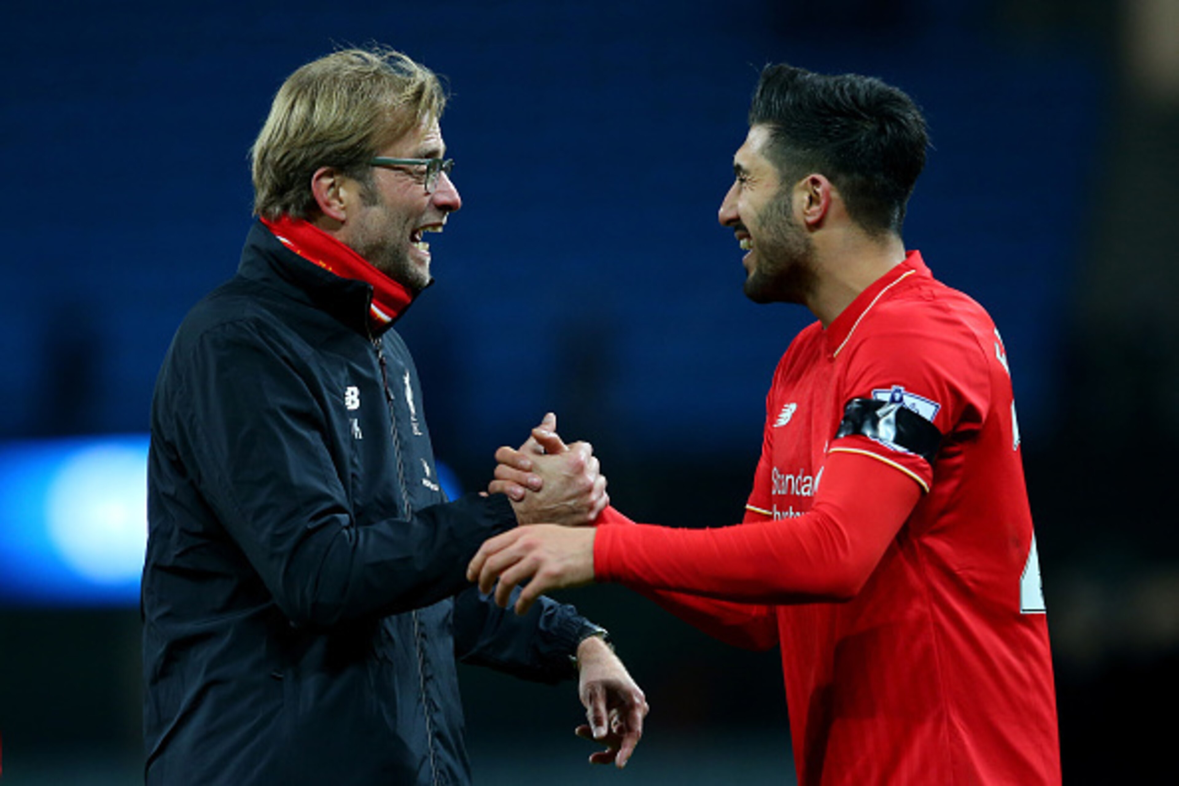 MANCHESTER, ENGLAND - NOVEMBER 21:  Jurgen Klopp (L), manager of Liverpool and Emre Can (R) celebrate their 4-1 win in the Barclays Premier League match between Manchester City and Liverpool at Etihad Stadium on November 21, 2015 in Manchester, England.  