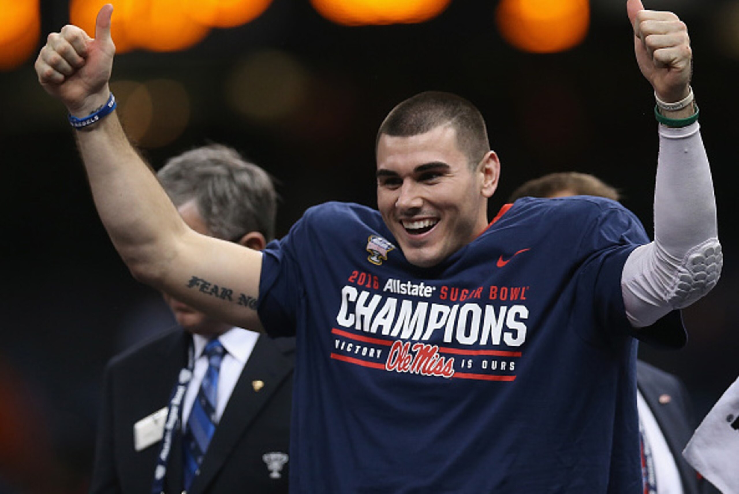 NEW ORLEANS, LA - JANUARY 01:   Quarterback Chad Kelly #10 of the Mississippi Rebels celebrates during the trophy ceremony after their 48-20 win over the Oklahoma State Cowboys in the Allstate Sugar Bowl at Mercedes-Benz Superdome on January 1, 2016 in Ne