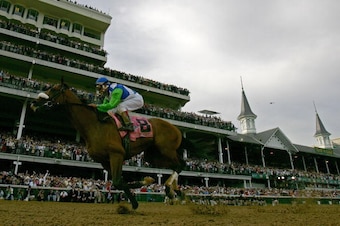 LOUISVILLE, KY - MAY 06:  Barbaro #8 ridden by jockey Edgar Prado crosses the finish line to win the 132nd Kentucky Derby on May 6, 2006 at Churchill Downs in Louisville, Kentucky.  (Photo by Matthew Stockman/Getty Images)