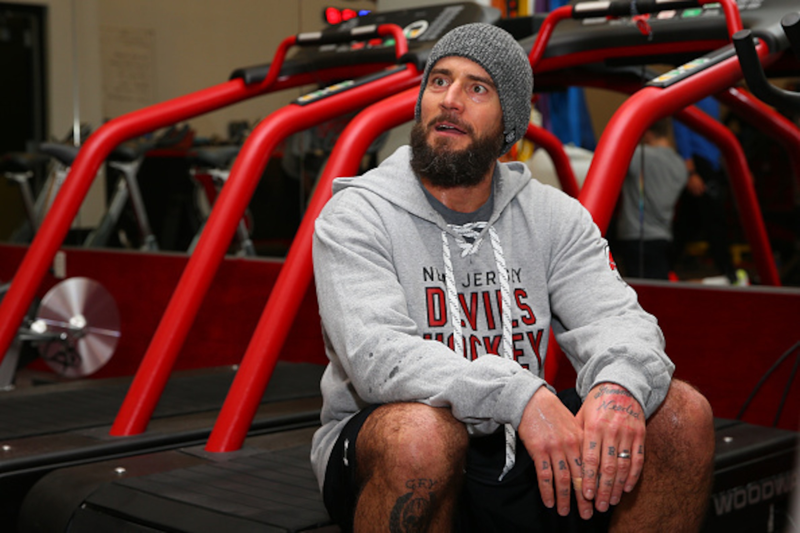 NEWARK, NJ - JANUARY 20: Phil 'CM Punk' Brooks takes a break during his workout at the New Jersey Devils facility at the Amerihealth Pavilion on January 20, 2016 in Newark, New Jersey. (Photo by Ed Mulholland/Zuffa LLC/Zuffa LLC via Getty Images) NEWARK, NJ - JANUARY 20: Phil 'CM Punk' Brooks takes a break during his workout at the New Jersey Devils facility at the Amerihealth Pavilion on January 20, 2016 in Newark, New Jersey. (Photo by Ed Mulholland/Zuffa LLC/Zuffa LLC via Getty Images)