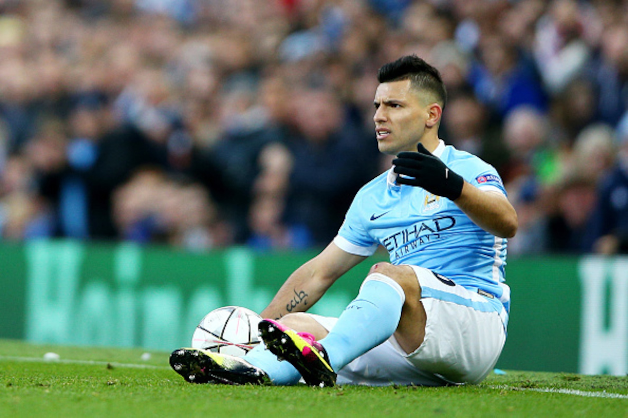 MANCHESTER, ENGLAND - APRIL 26: Sergio Aguero of Manchester City reacts during the UEFA Champions League Semi Final first leg match between Manchester City FC and Real Madrid at the Etihad Stadium on April 26, 2016 in Manchester, United Kingdom. (Photo by