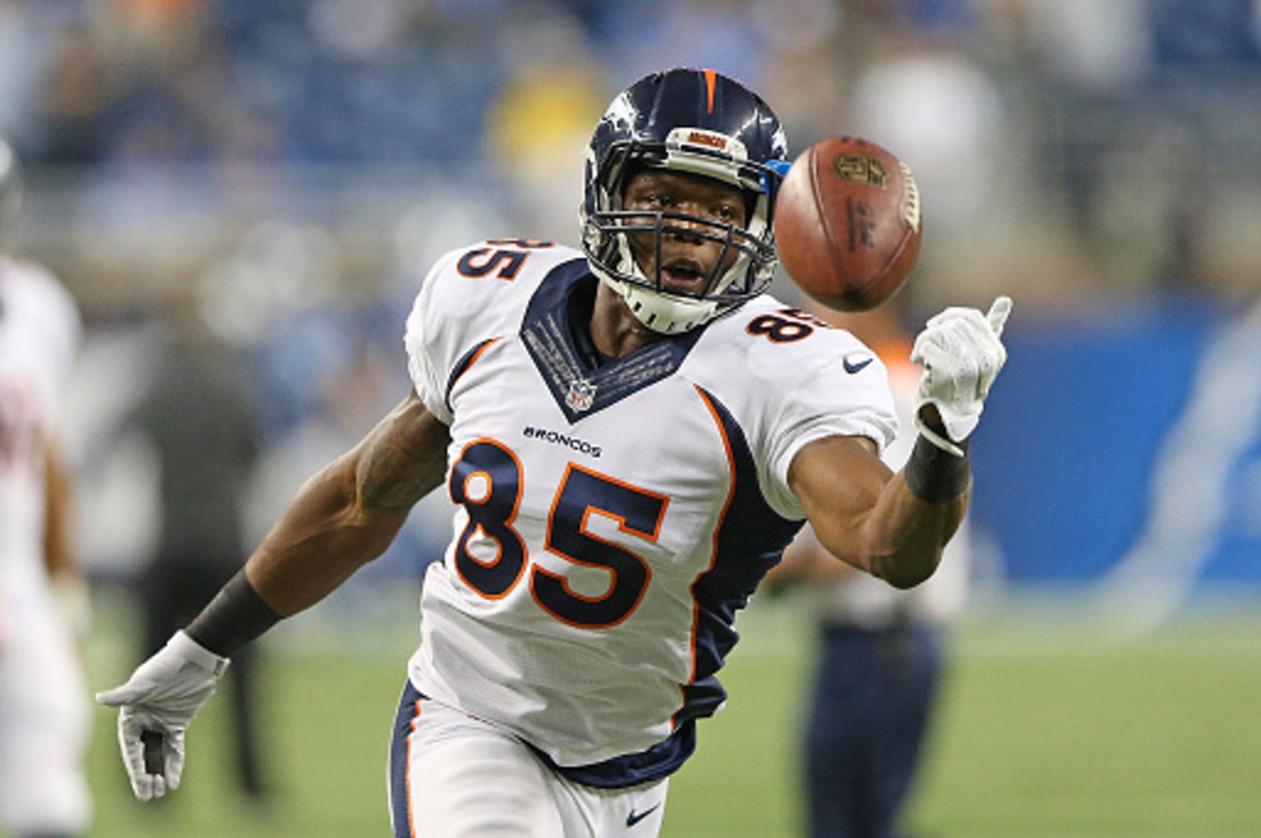 DETROIT, MI - SEPTEMBER 27: Virgil Green #85 of the Denver Broncos warms up prior to the start of the game against the Detroit Lions on September 27, 2015 at Ford Field in Detroit, Michigan. The Broncos defeated the Lions 24-12. (Photo by Leon Halip/Getty