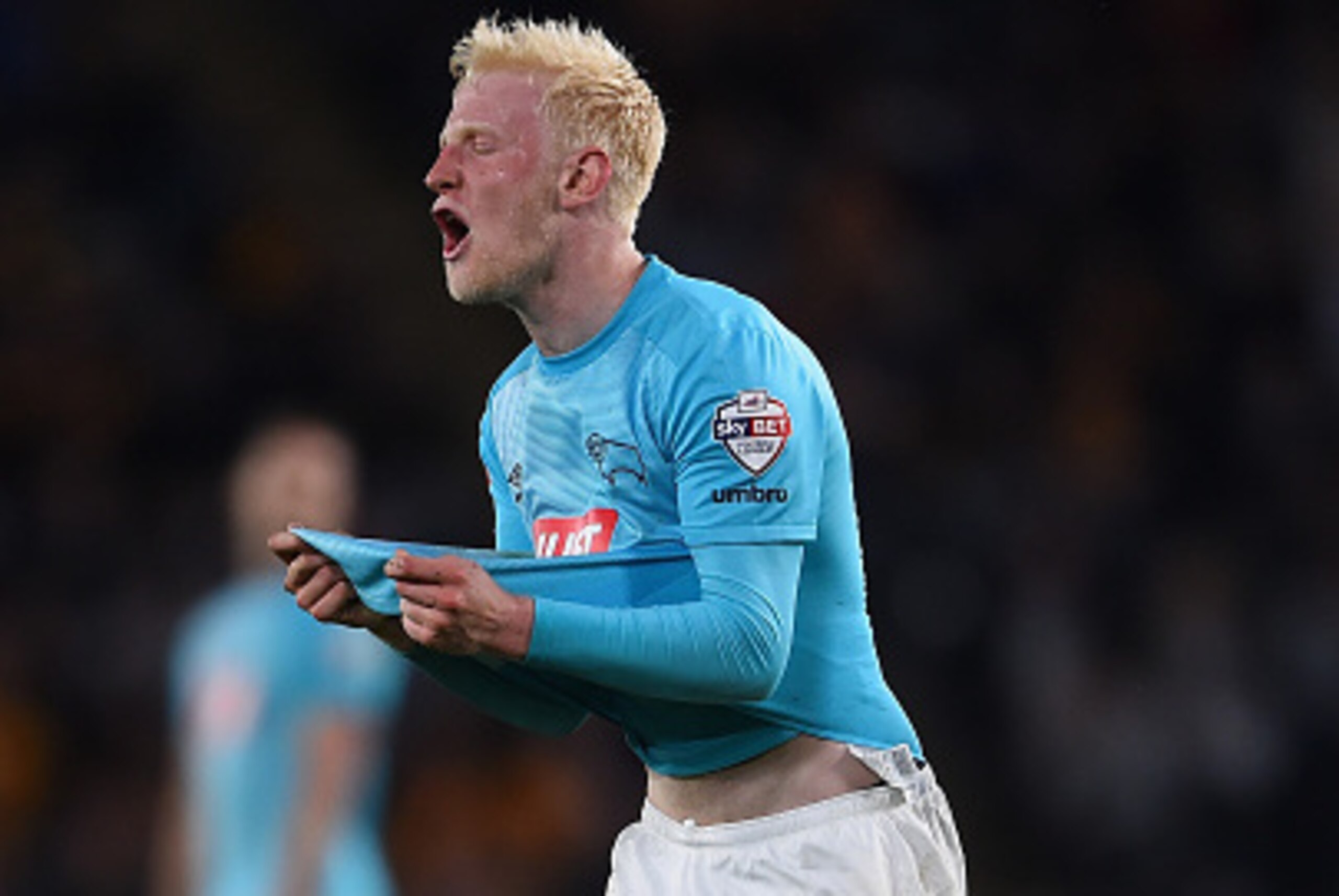 HULL, UNITED KINGDOM - MAY 17: Will Hughes of Derby County shows his frustration after a missed chance during the Sky Bet Championship Play Off semi final second leg match between Hull City and Derby County at KC Stadium on May 17, 2016 in Derby, England.