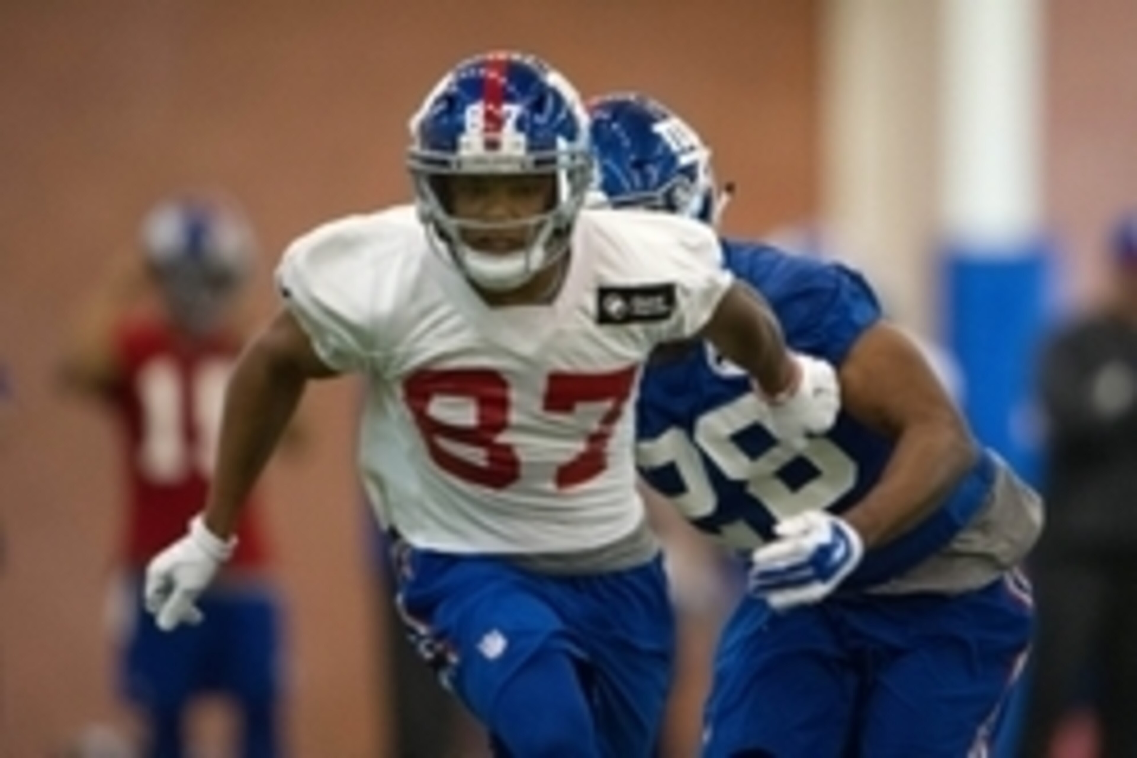 May 6, 2016; East Rutherford, NJ, USA;  New York Giants wide receiver Sterling Shepard (87) during rookie minicamp at Quest Diagnostics Training Center. Mandatory Credit: William Hauser-USA TODAY Sports