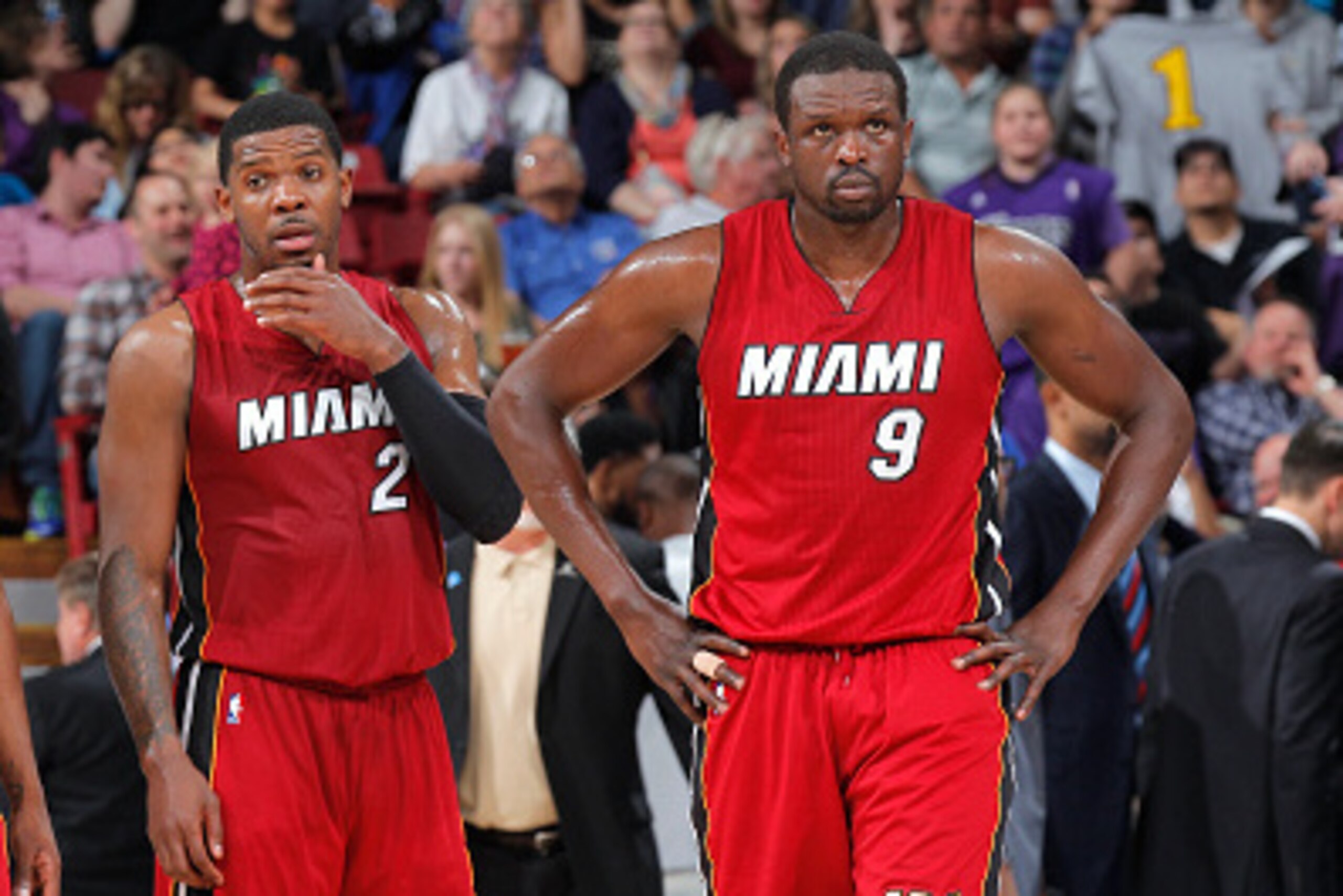 SACRAMENTO, CA - APRIL 1: Josh Richardson #0, Joe Johnson #2 and Luol Deng #9 of the Miami Heat face off against the Sacramento Kings on April 1, 2016 at Sleep Train Arena in Sacramento, California. NOTE TO USER: User expressly acknowledges and agrees tha