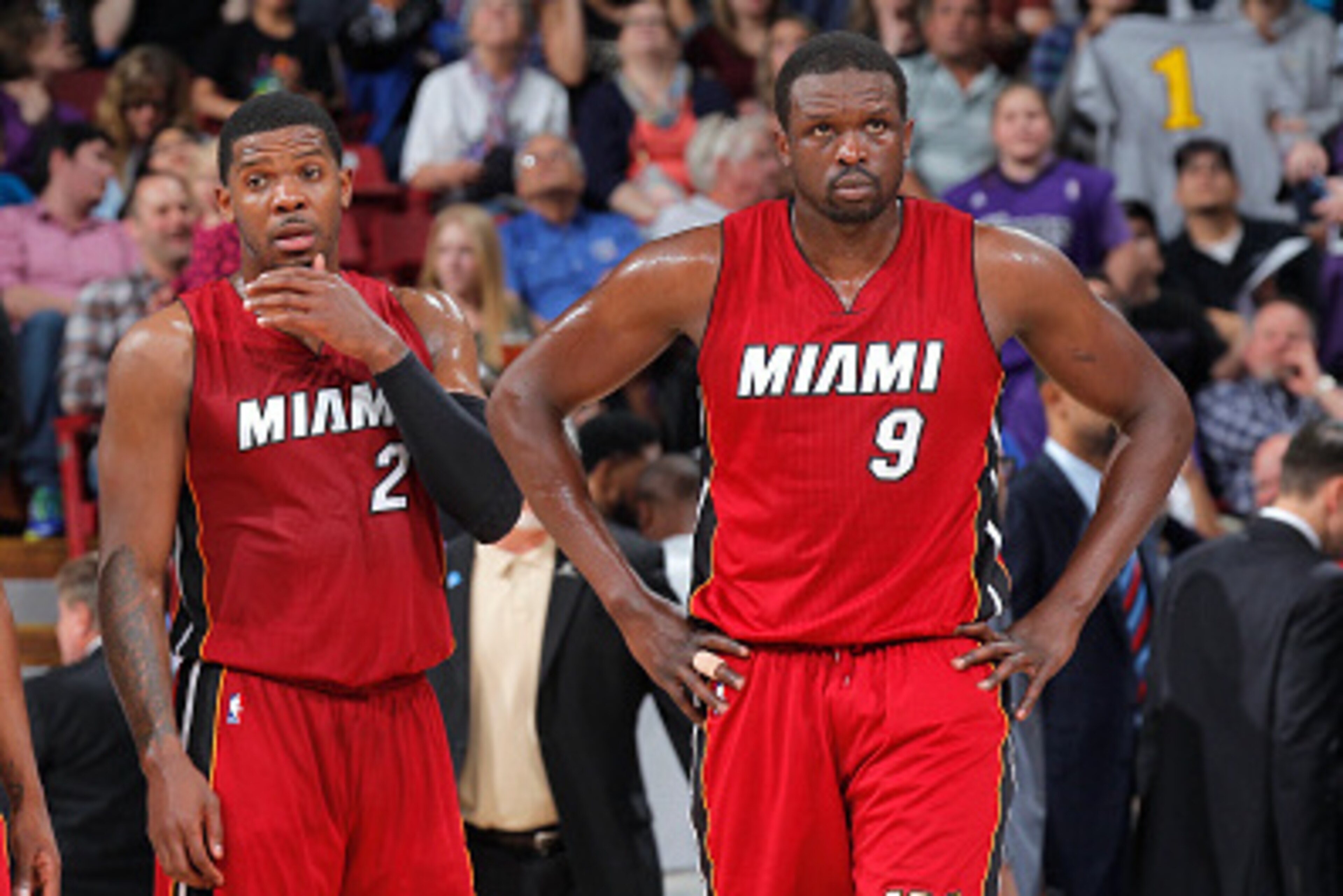 SACRAMENTO, CA - APRIL 1: Josh Richardson #0, Joe Johnson #2 and Luol Deng #9 of the Miami Heat face off against the Sacramento Kings on April 1, 2016 at Sleep Train Arena in Sacramento, California. NOTE TO USER: User expressly acknowledges and agrees tha
