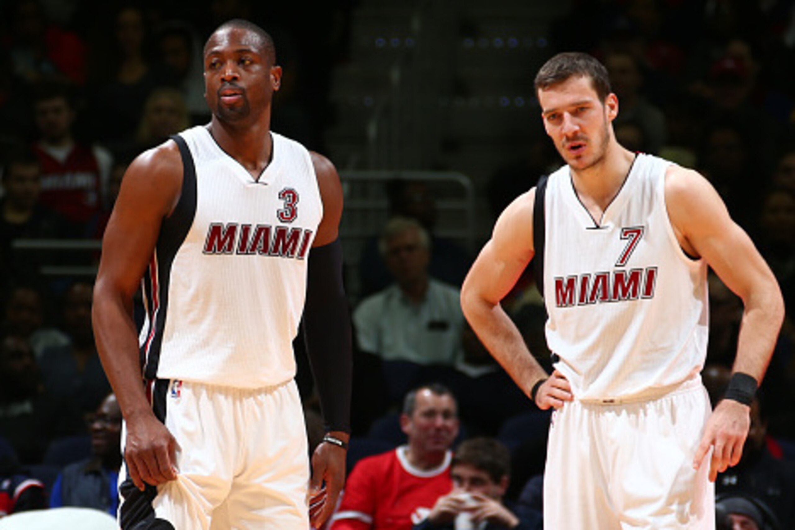 WASHINGTON, DC - JANUARY 3: Dwyane Wade #3 and Goran Dragic #7 of the Miami Heat during the game against the Washington Wizards on January 3, 2016 at Verizon Center in Washington, District of Columbia. NOTE TO USER: User expressly acknowledges and agrees 