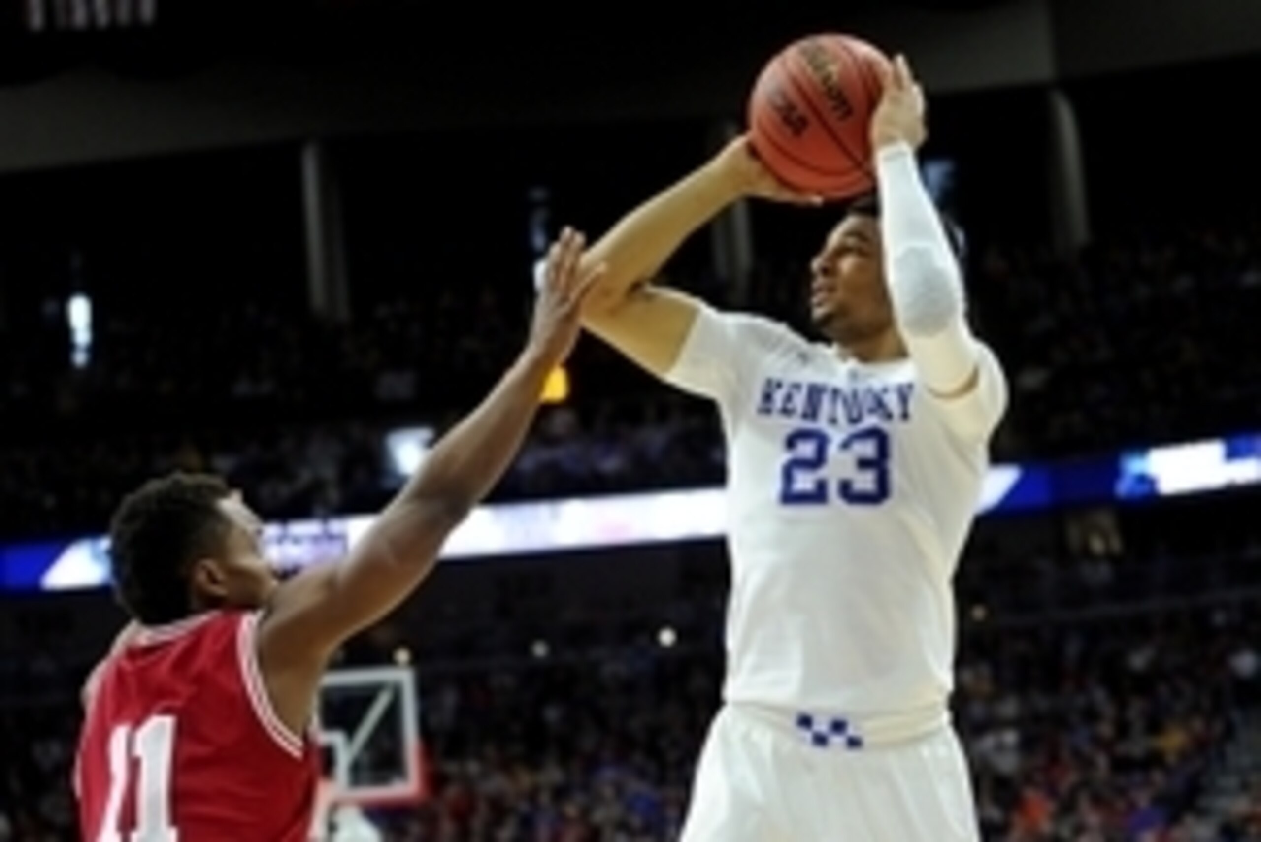 Mar 19, 2016; Des Moines, IA, USA; Kentucky Wildcats guard Jamal Murray (23) shoots the ball against Indiana Hoosiers guard Yogi Ferrell (11) in the second half during the second round of the 2016 NCAA Tournament at Wells Fargo Arena. Mandatory Credit: St