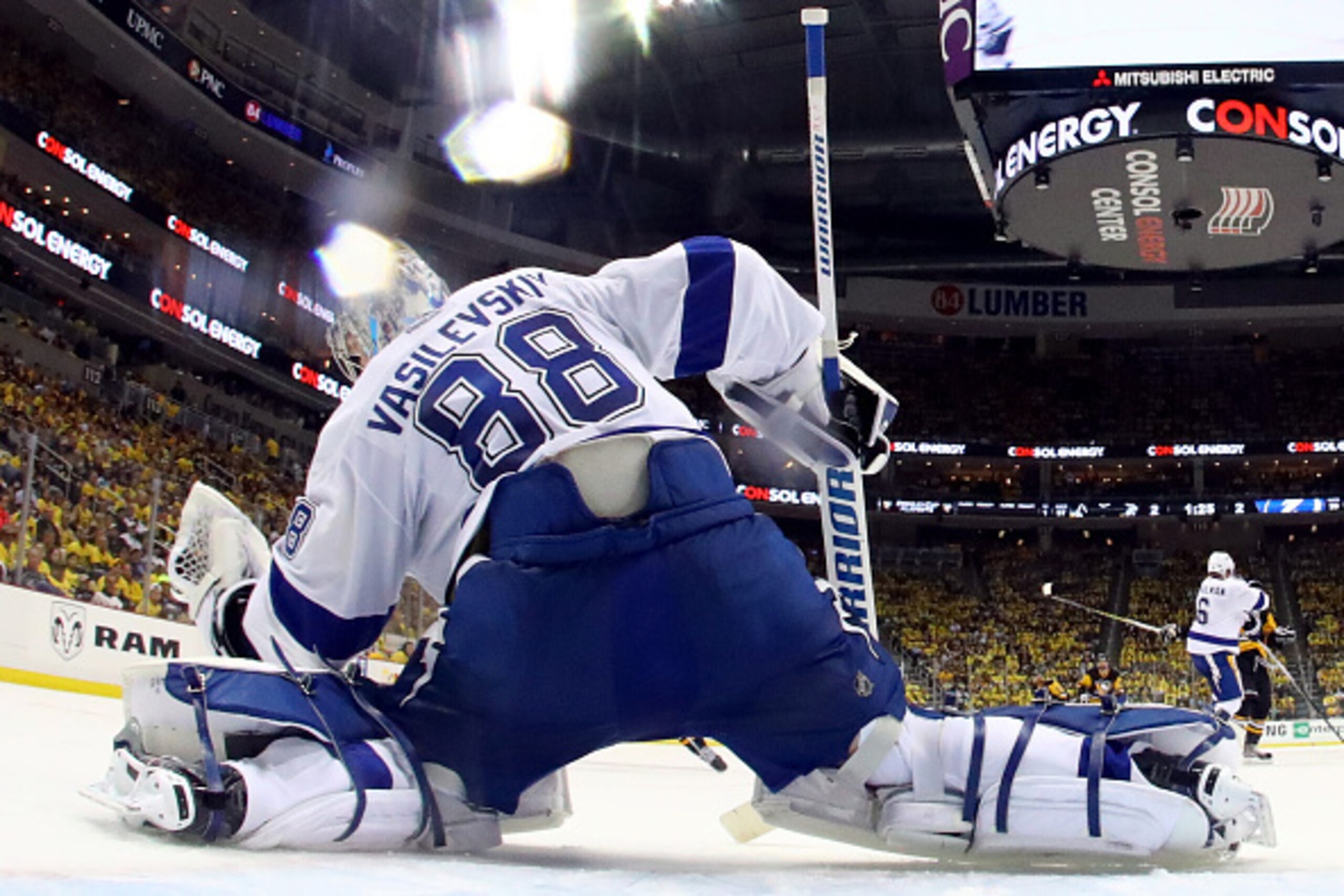 PITTSBURGH, PA - MAY 16: Andrei Vasilevskiy #88 of the Tampa Bay Lightning tends goal during the third period against the Pittsburgh Penguins in Game Two of the Eastern Conference Final during the 2016 NHL Stanley Cup Playoffs at the Consol Energy Center PITTSBURGH, PA - MAY 16: Andrei Vasilevskiy #88 of the Tampa Bay Lightning tends goal during the third period against the Pittsburgh Penguins in Game Two of the Eastern Conference Final during the 2016 NHL Stanley Cup Playoffs at the Consol Energy Center