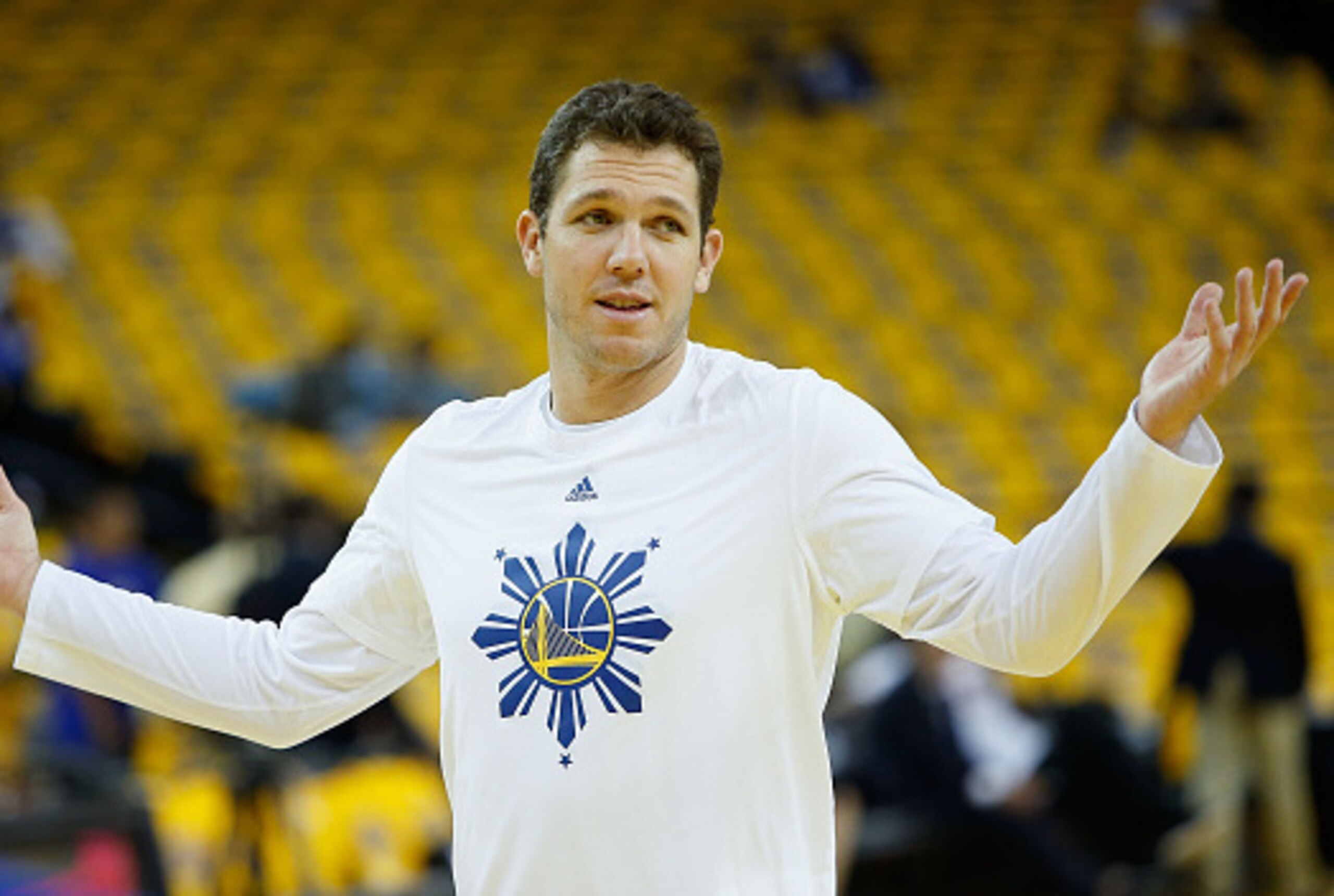 OAKLAND, CA - APRIL 18: Golden State Warriors Assistant Coach Luke Walton during warm up before Game Two of the Western Conference Quarterfinals during the 2016 NBA Playoffs at ORACLE Arena on April 18, 2016 in Oakland, California. NOTE TO USER: User expr
