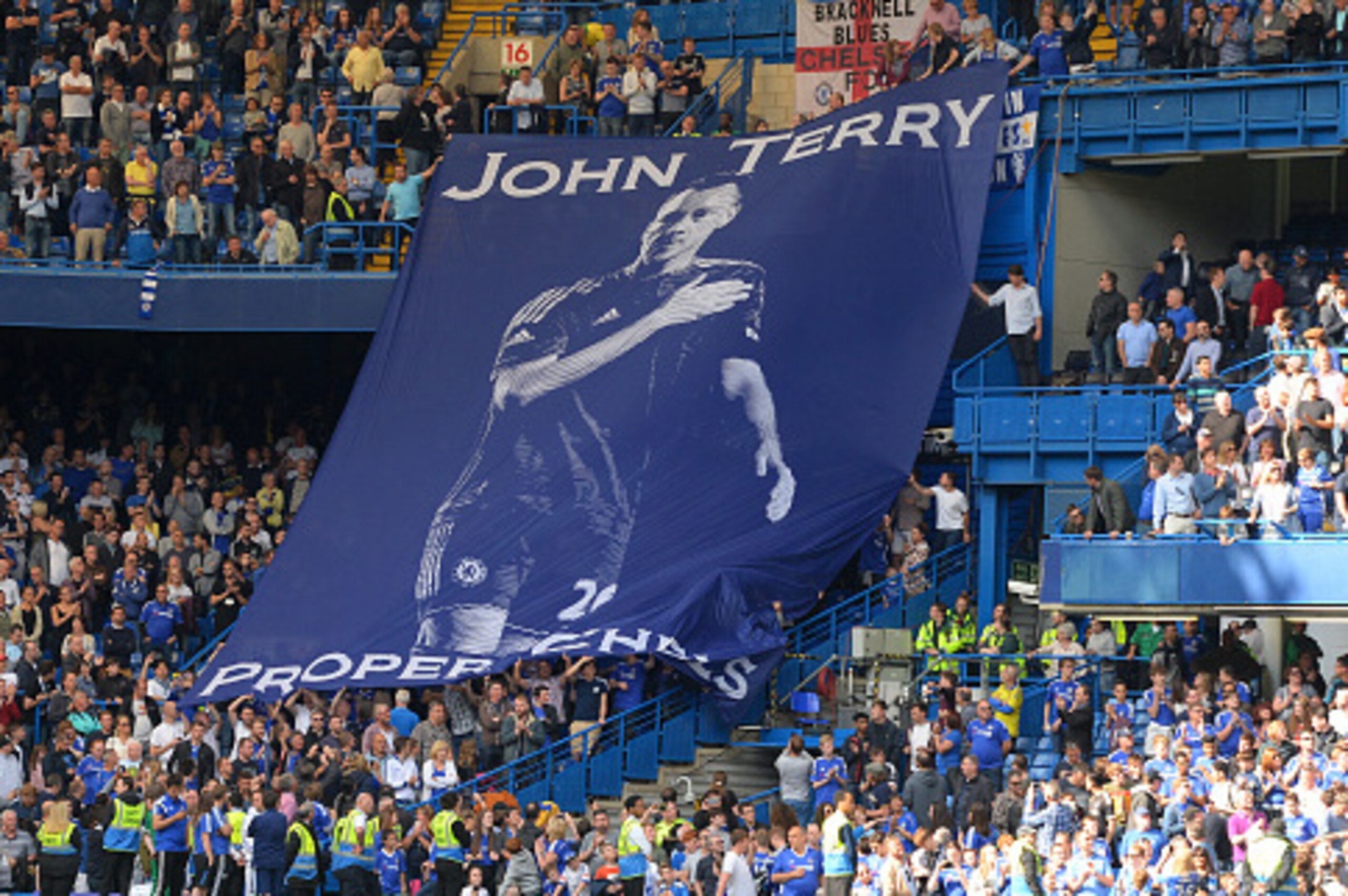 LONDON, ENGLAND - MAY 15: A John Terry banner is displayed by Chelsea fans during the Barclays Premier League match between Chelsea and Leicester City at Stamford Bridge on May 15, 2016 in London, England.  (Photo by Michael Regan/Getty Images)