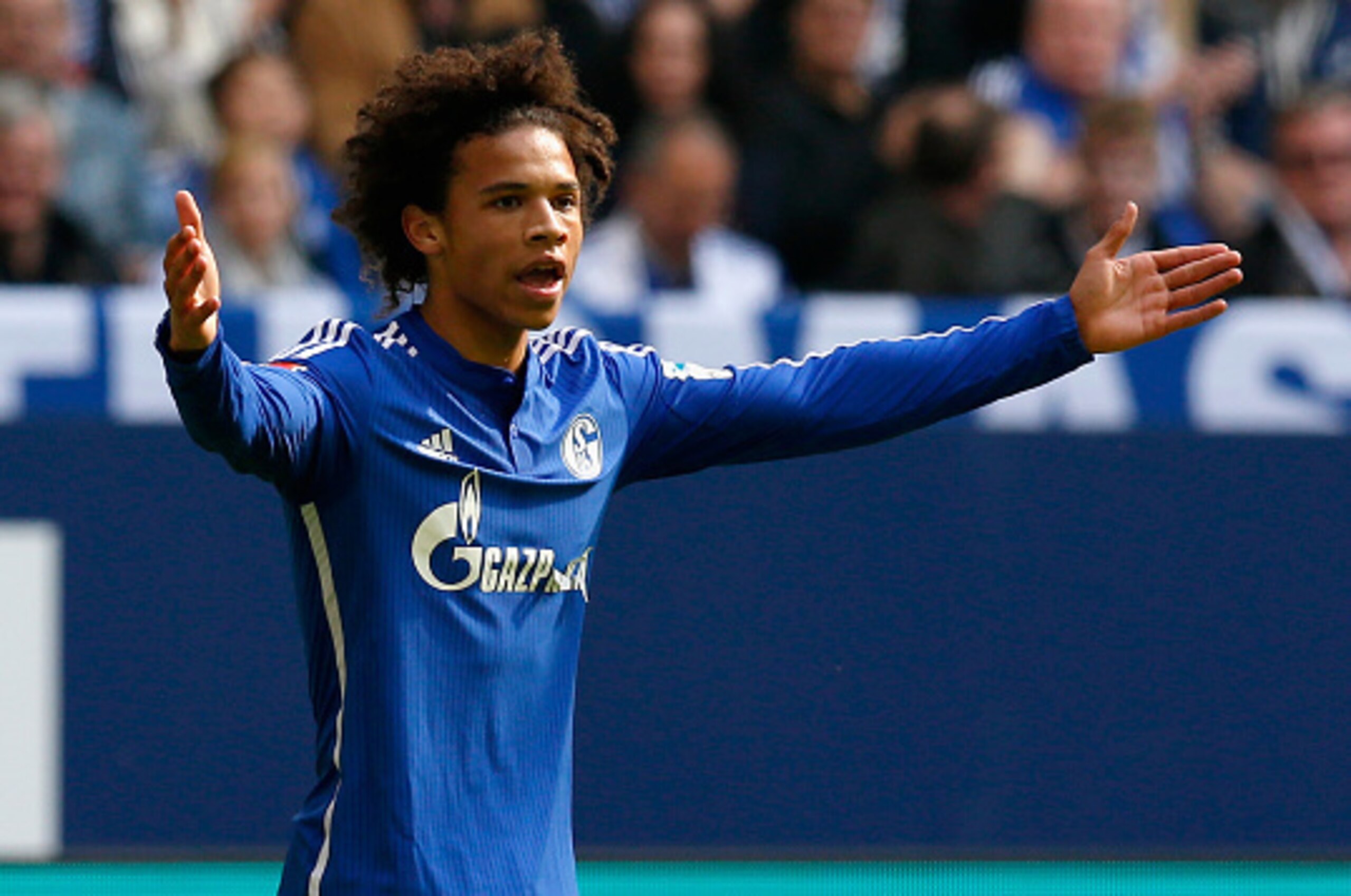 GELSENKIRCHEN, NORTH RHINE-WESTPHALIA - APRIL 10:  Leroy Sane of FC Schalke 04 gestures during the Bundesliga match between FC Schalke 04 and Borussia Dortmund at Veltins-Arena on April 10, 2016 in Gelsenkirchen, Germany.  (Photo by Boris Streubel/Getty I