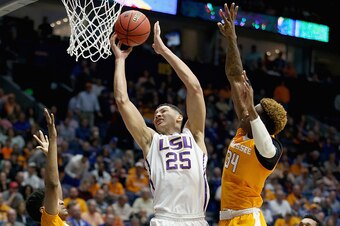 NASHVILLE, TN - MARCH 11:  Ben Simmons #25 of the LSU Tigers shoots the ball during the game against the Tennessee Volunteers during the quarterfinals of the SEC Basketball Tournament at Bridgestone Arena on March 11, 2016 in Nashville, Tennessee.  (Photo