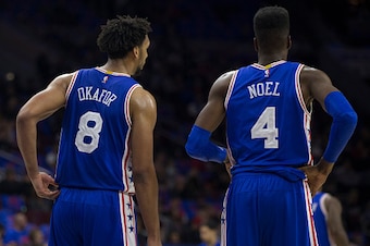 PHILADELPHIA, PA - OCTOBER 30: Jahlil Okafor #8 and Nerlens Noel #4 of the Philadelphia 76ers play in the game against the Utah Jazz on October 30, 2015 at the Wells Fargo Center in Philadelphia, Pennsylvania. NOTE TO USER: User expressly acknowledges and