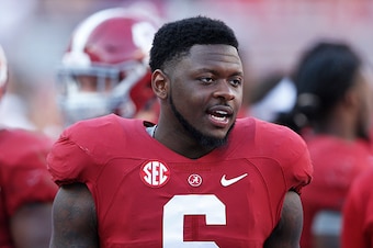 TUSCALOOSA, AL - SEPTEMBER 20: Laurence Hootie Jones #6 of the Alabama Crimson Tide looks on against the Florida Gators during the game at Bryant-Denny Stadium on September 20, 2014 in Tuscaloosa, Alabama. Alabama defeated Florida 42-21. (Photo by Joe Rob