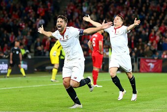 BASEL, SWITZERLAND - MAY 18:  Coke of Sevilla celebrates scoring a goal to make the score 1-3 during the UEFA Europa League Final between Liverpool and Sevilla at St. Jakob-Park on May 18, 2016 in Basel, Switzerland.  (Photo by Catherine Ivill - AMA/Getty