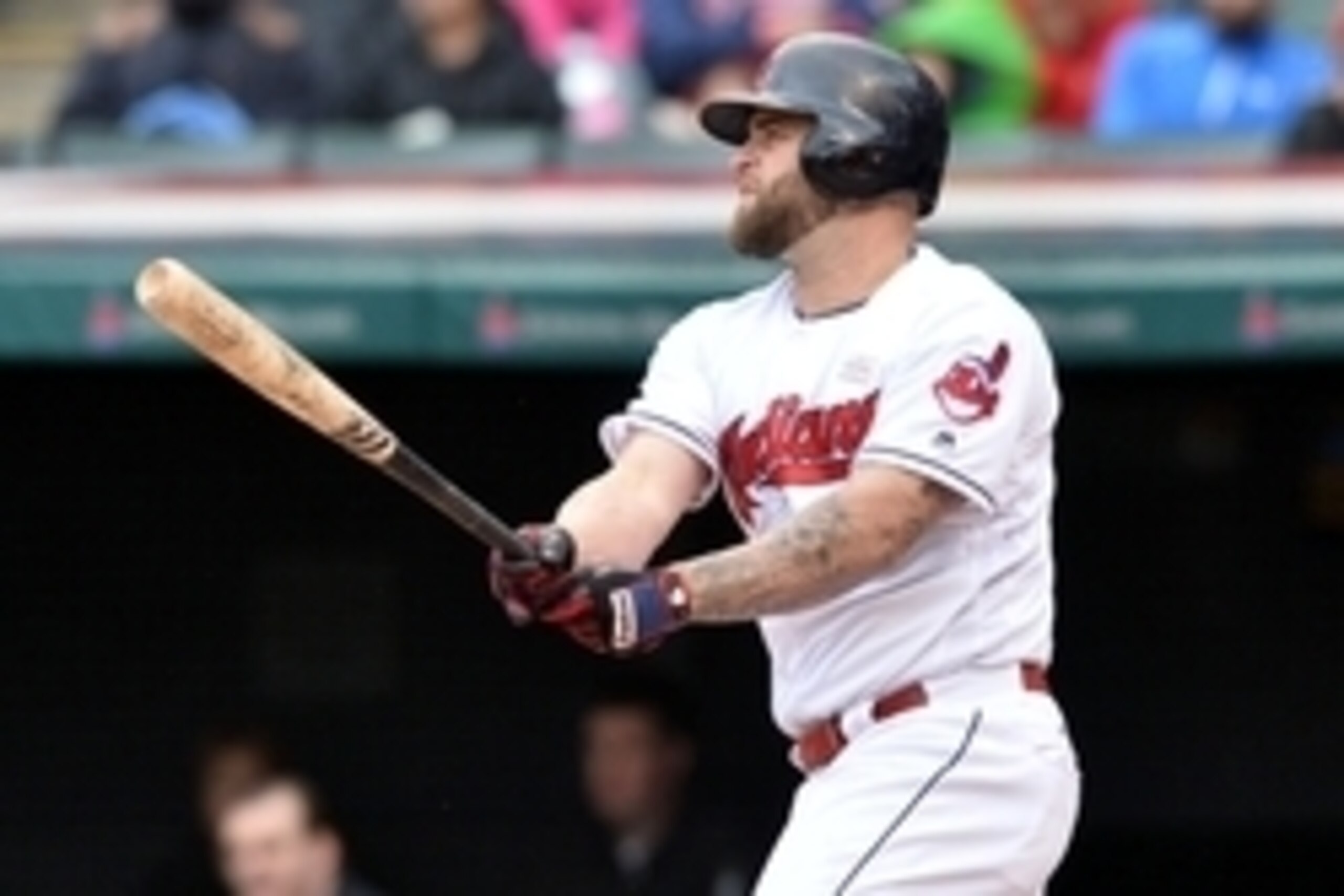 May 14, 2016; Cleveland, OH, USA; Cleveland Indians first baseman Mike Napoli (26) hits a double during the fourth inning against the Minnesota Twins at Progressive Field. Mandatory Credit: Ken Blaze-USA TODAY Sports May 14, 2016; Cleveland, OH, USA; Cleveland Indians first baseman Mike Napoli (26) hits a double during the fourth inning against the Minnesota Twins at Progressive Field. Mandatory Credit: Ken Blaze-USA TODAY Sports
