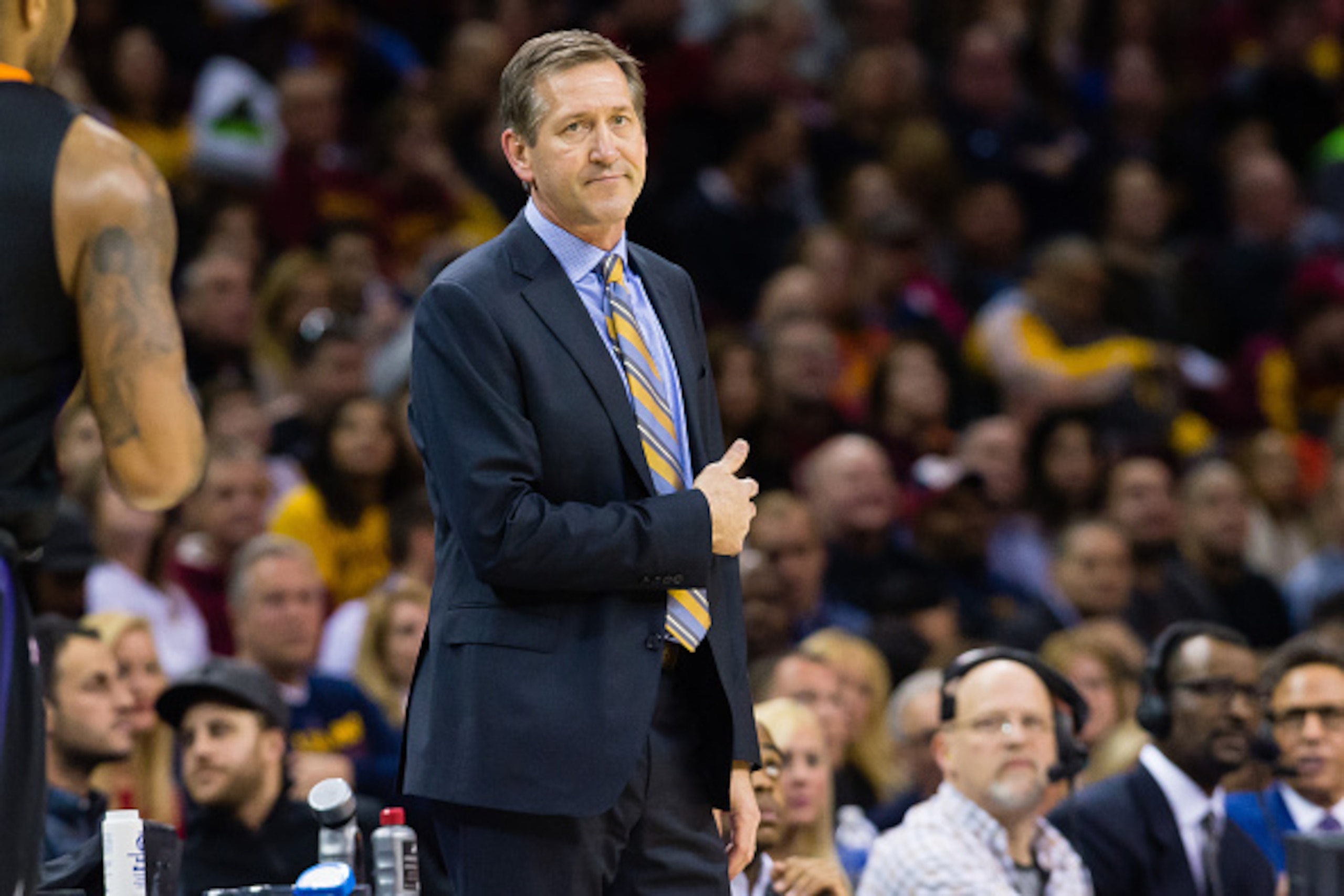 CLEVELAND, OH - JANUARY 27: Jeff Hornacek of the Phoenix Suns reacts from the sidelines during the first half against the Cleveland Cavaliers at Quicken Loans Arena on January 27, 2016 in Cleveland, Ohio. NOTE TO USER: User expressly acknowledges and agre