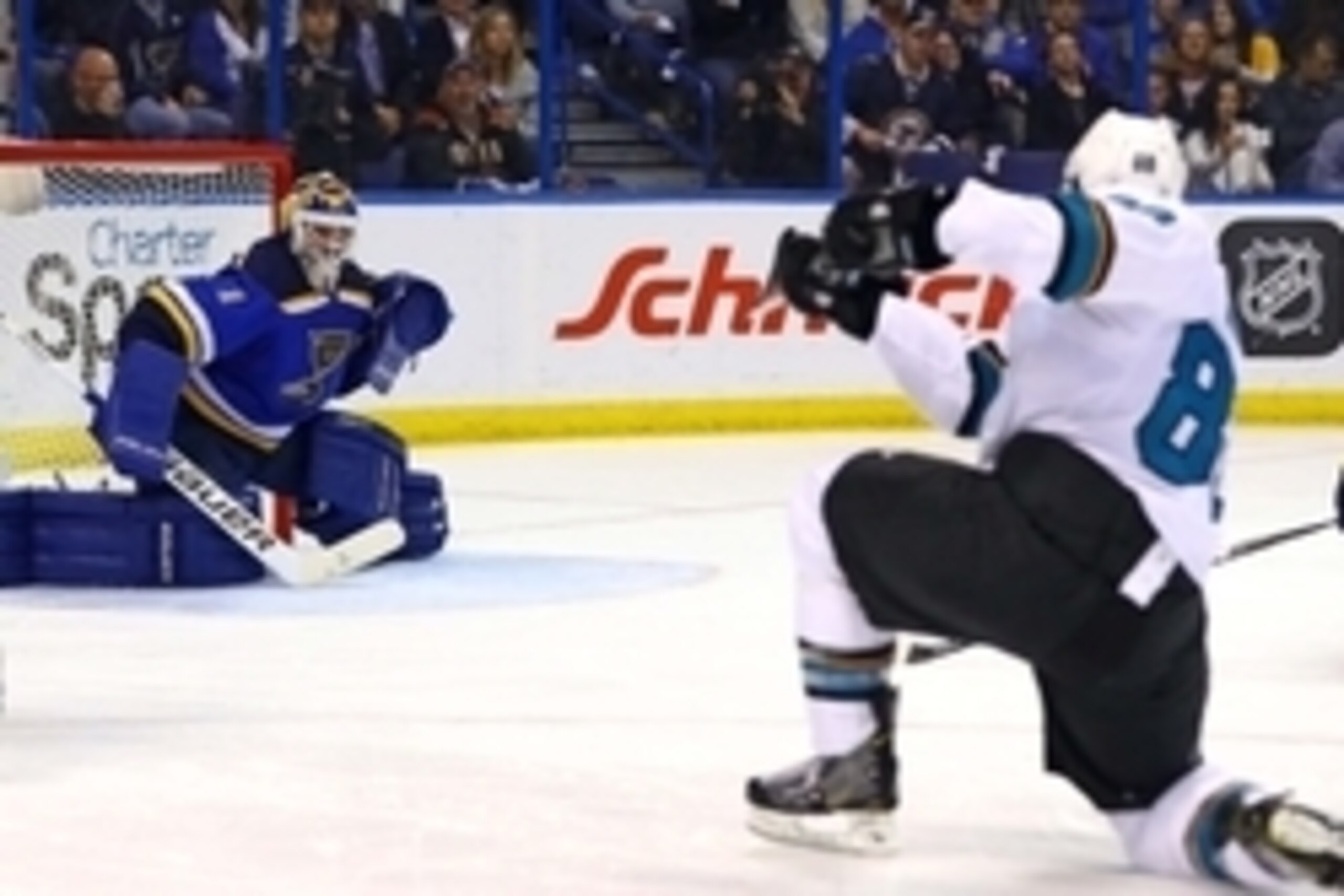 May 17, 2016; St. Louis, MO, USA; San Jose Sharks defenseman Brent Burns (88) scores a goal against St. Louis Blues goalie Brian Elliott (1) during the second period in game two of the Western Conference Final of the 2016 Stanley Cup Playoff at Scottrade May 17, 2016; St. Louis, MO, USA; San Jose Sharks defenseman Brent Burns (88) scores a goal against St. Louis Blues goalie Brian Elliott (1) during the second period in game two of the Western Conference Final of the 2016 Stanley Cup Playoff at Scottrade