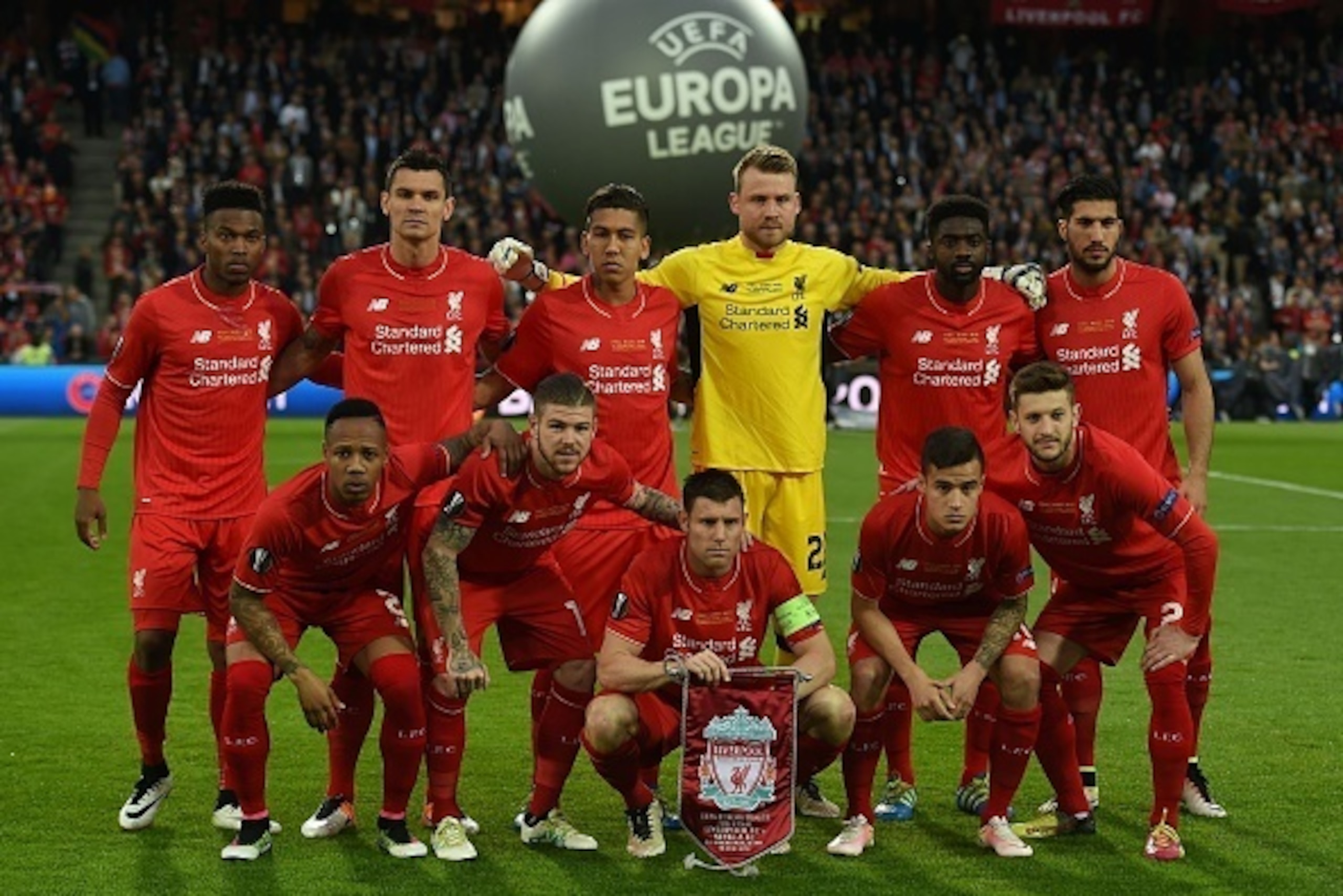 (Top, from L) Liverpool's English forward Daniel Sturridge, Liverpool's Croatian defender Dejan Lovren, Liverpool's Brazilian midfielder Roberto Firmino, Liverpool's Belgian goalkeeper Simon Mignolet, Liverpool's Ivorian defender Kolo Toure and Liverpool'