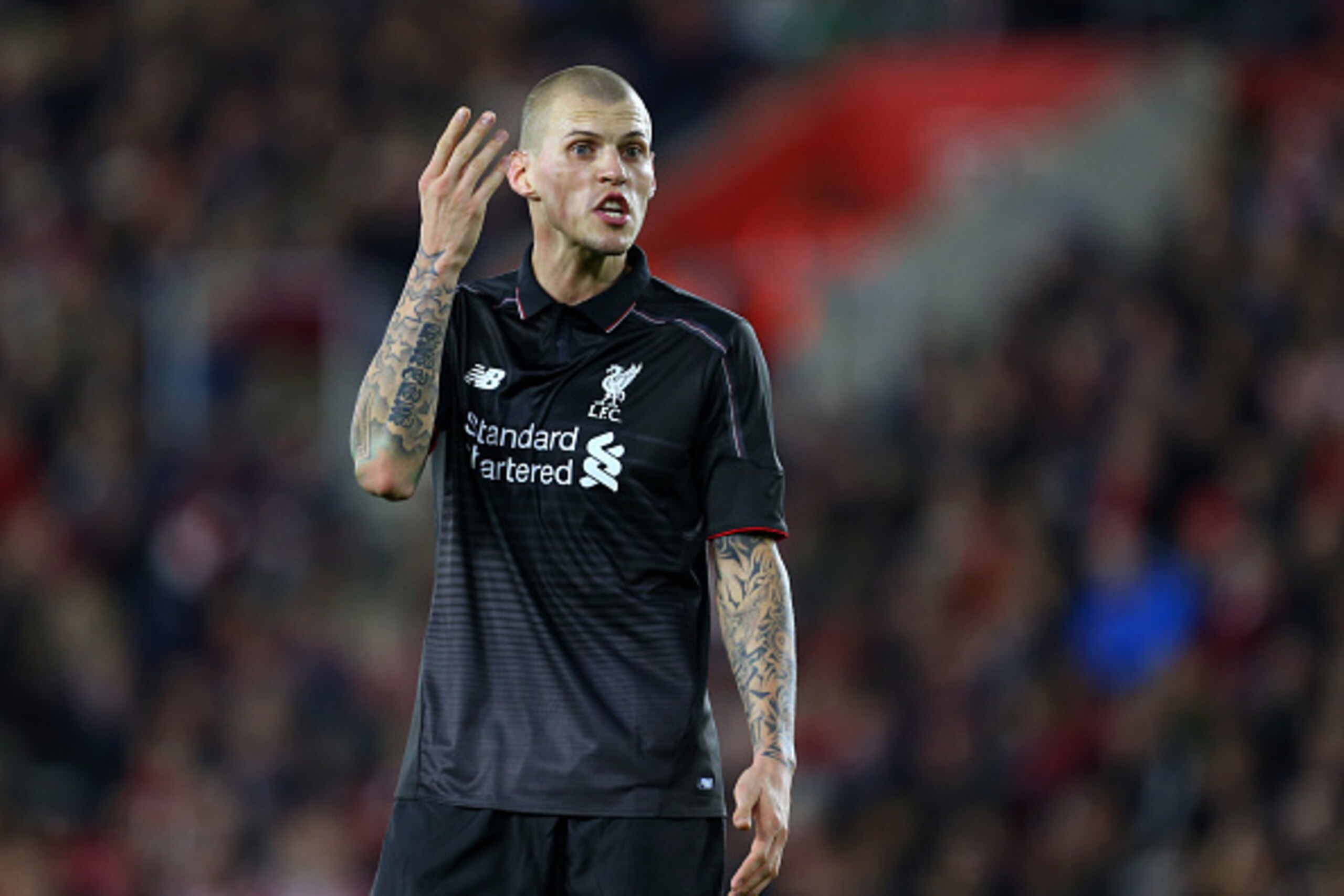 SOUTHAMPTON, ENGLAND - DECEMBER 02: Martin Skrtel of Liverpool gestures during the Capital One Cup Quarter Final between Southampton and Liverpool at St Mary's Stadium on December 2, 2015 in Southampton, England. (Photo by Catherine Ivill - AMA/Getty Imag