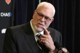 Jan 10, 2015; New York, NY, USA; New York Knicks president Phil Jackson addresses media before the start of  the game against Charlotte Hornets at Madison Square Garden. Mandatory Credit: Noah K. Murray-USA TODAY Sports