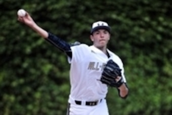 Aug 15, 2015; Chicago, IL, USA; National pitcher Riley Pint (27) warms up before the Under Armour All America Baseball game against the American team at Wrigley field. Mandatory Credit: David Banks-USA TODAY Sports