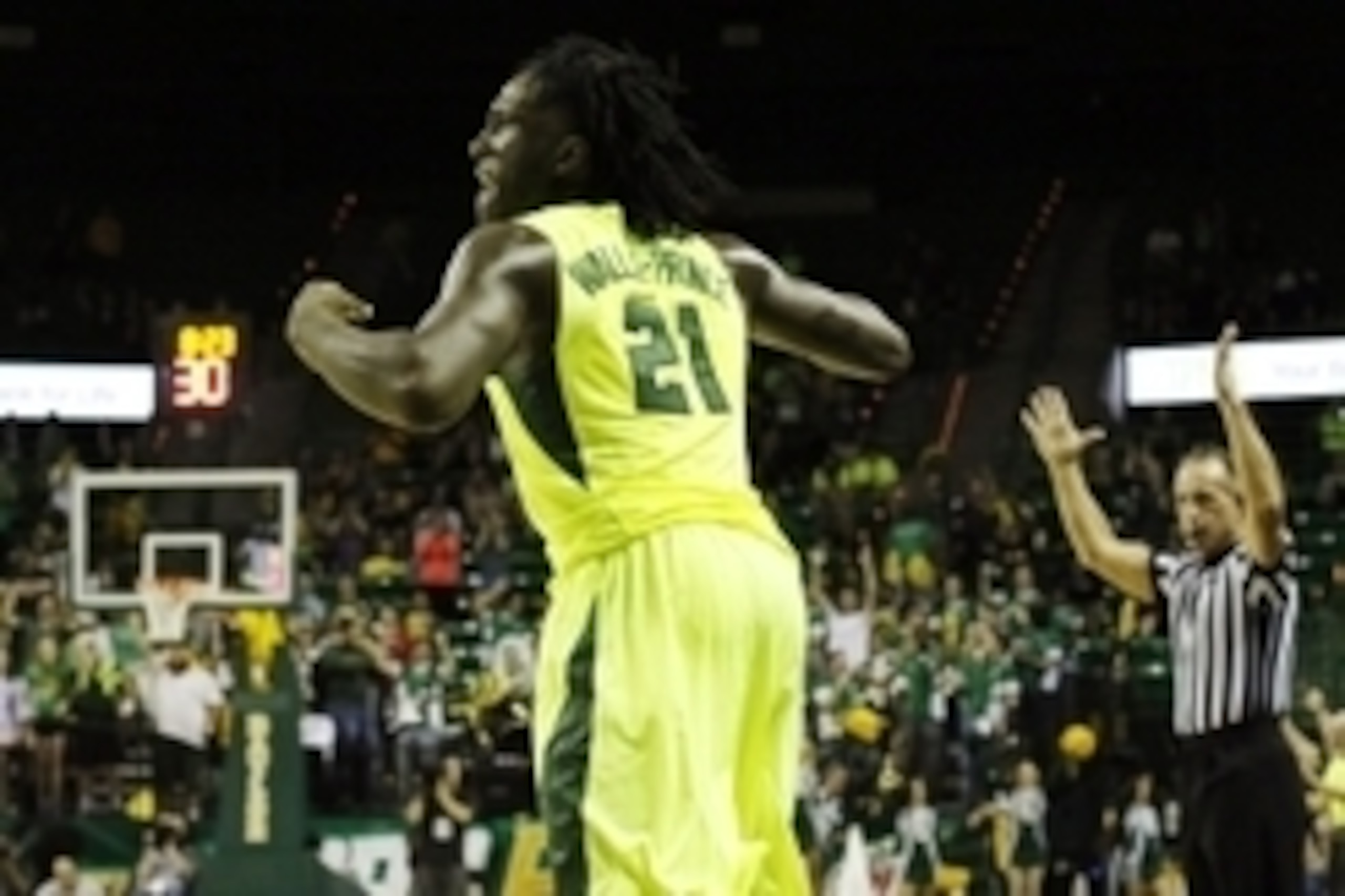 Mar 5, 2016; Waco, TX, USA; Baylor Bears forward Taurean Prince (21) celebrates after scoring against the West Virginia Mountaineers during the second half at Ferrell Center. The Mountaineers won 69-58. Mandatory Credit: Ray Carlin-USA TODAY Sports
