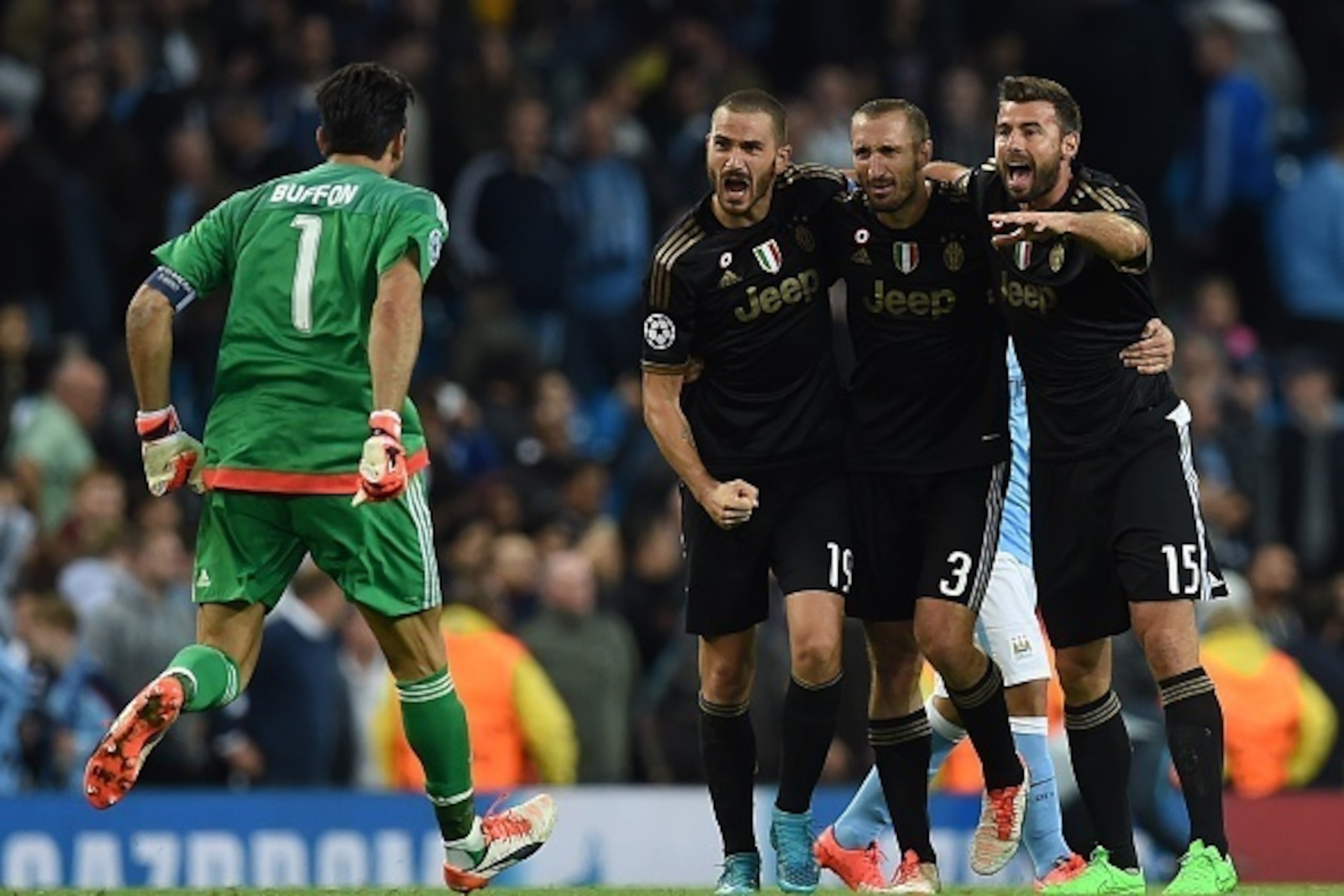 (L-R) Juventus' goalkeeper from Italy Gianluigi Buffon, Juventus' defender from Italy Leonardo Bonucci, Juventus' defender from Italy Giorgio Chiellini and Juventus' defender from Italy Andrea Barzagli celebrate after winning a UEFA Champions League group (L-R) Juventus' goalkeeper from Italy Gianluigi Buffon, Juventus' defender from Italy Leonardo Bonucci, Juventus' defender from Italy Giorgio Chiellini and Juventus' defender from Italy Andrea Barzagli celebrate after winning a UEFA Champions League group