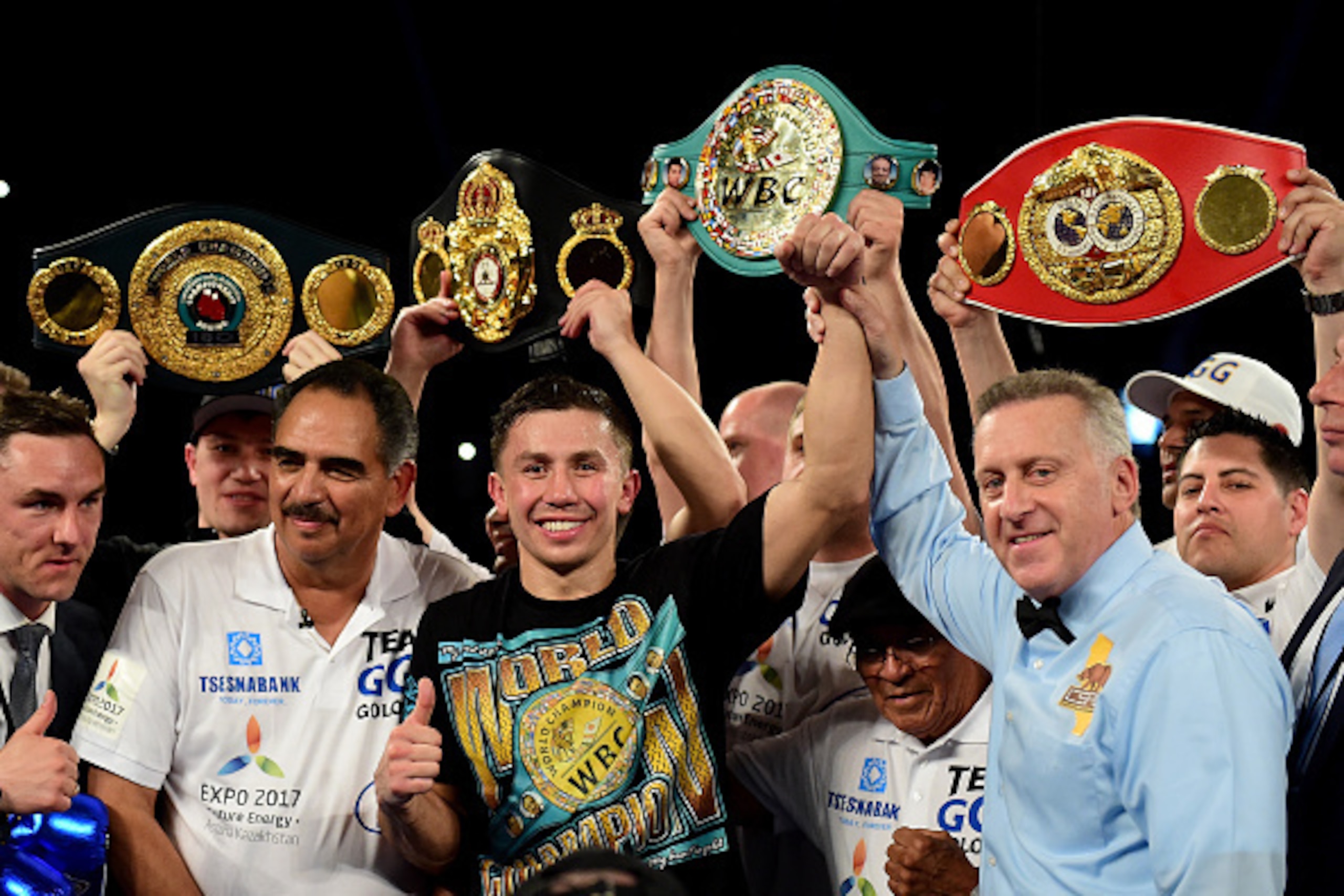 INGLEWOOD, CA - APRIL 23:  Gennady Golovkin of Kazakhstan poses with his belts after his second round TKO of Dominic Wade during a unified middleweight title fight at The Forum on April 23, 2016 in Inglewood, California.  (Photo by Harry How/Getty Images)